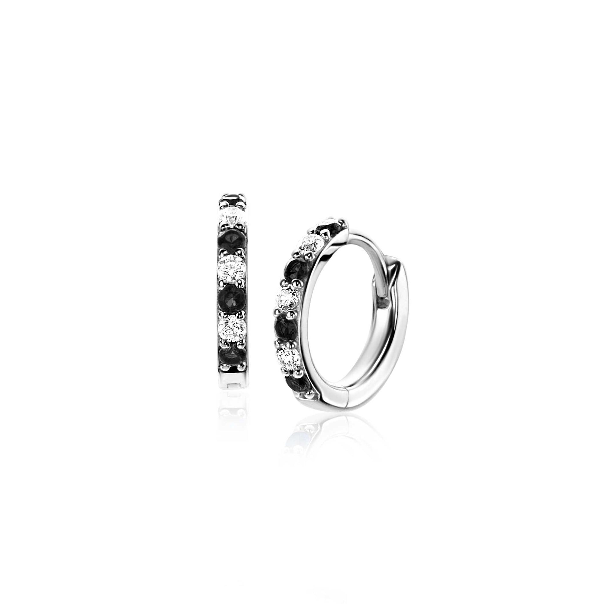 Zinzi 12mm zilveren oorringen bezet met witte en zwarte zirkonia's 2mm buisdikte met luxe klapsluiting ZIO2559Z - PansiteNederland.nl