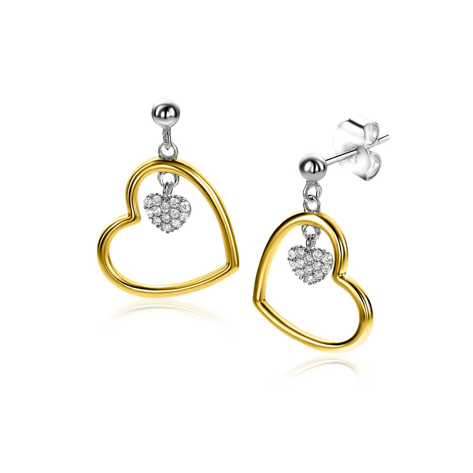 Zinzi 20mm gold plated zilveren oorstekers open hart 15mm en bungelend hartje bezet met witte zirkonia's ZIO2621 - PansiteNederland.nl