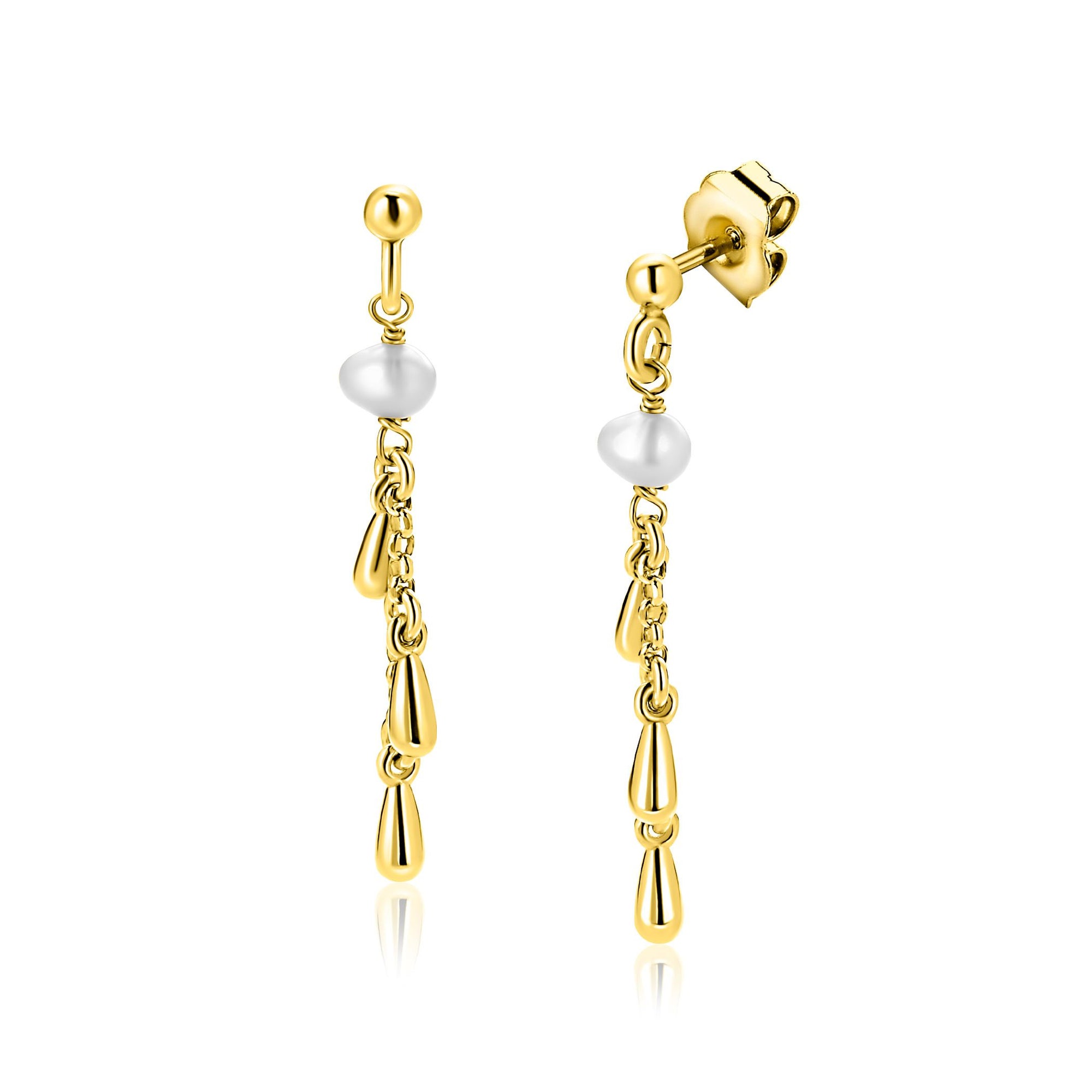 ZINZI gold plated zilveren oorstekers met druppels en witte zoetwaterparels 37mm ZIO2753 - PansiteNederland.nl