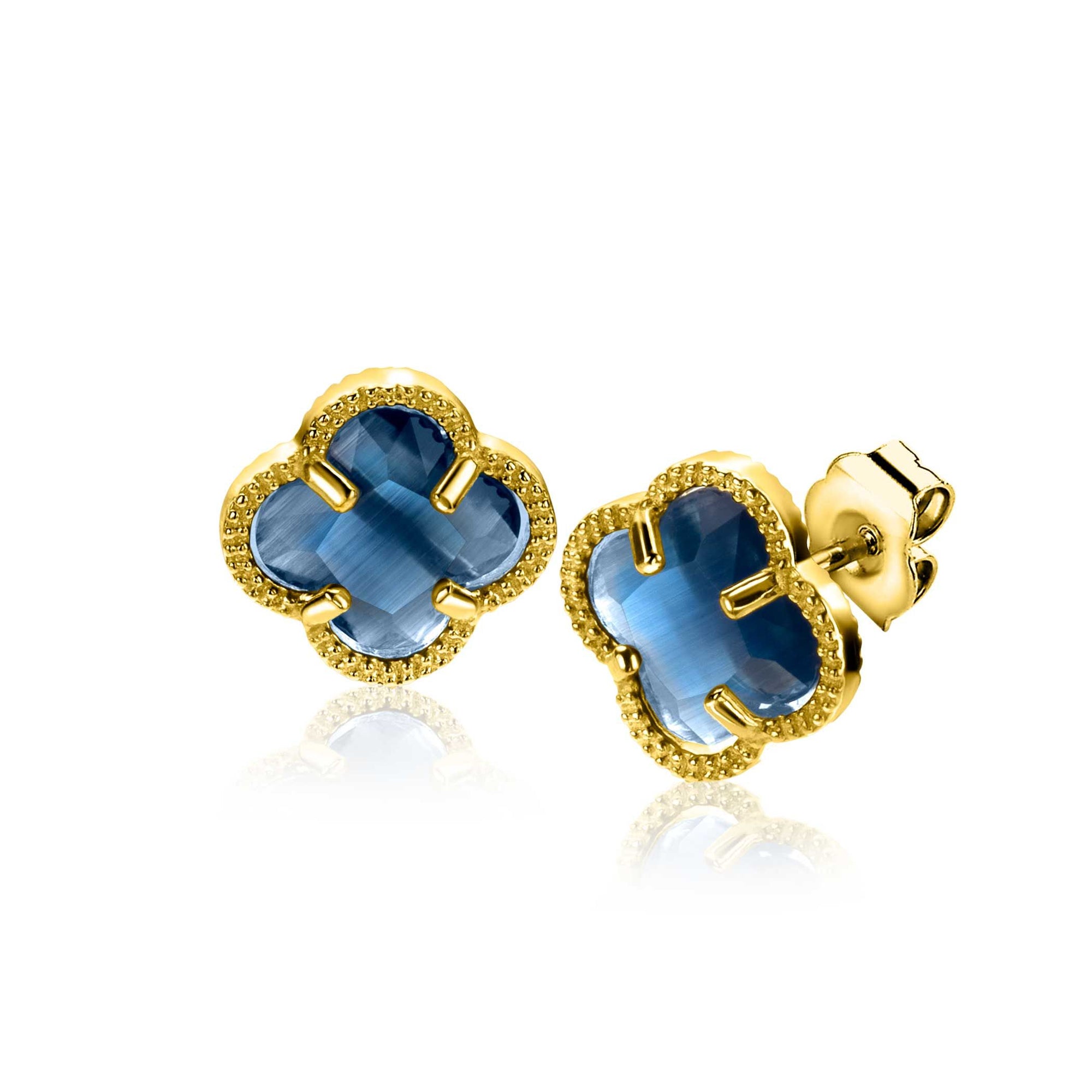 Zinzi 9mm gold plated zilveren oorstekers in klaver vorm met donkerblauwe kleursteen ZIO2662DB - PansiteNederland.nl