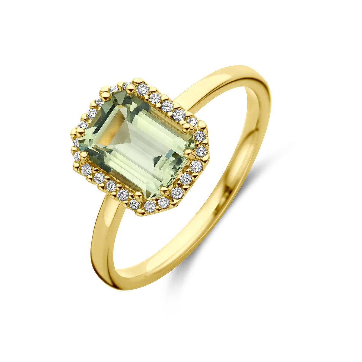 18K Geelgoud Ring Groen Amethist En Diamant 0.10Ct H Si Halo 7000253 - PansiteNederland.nl
