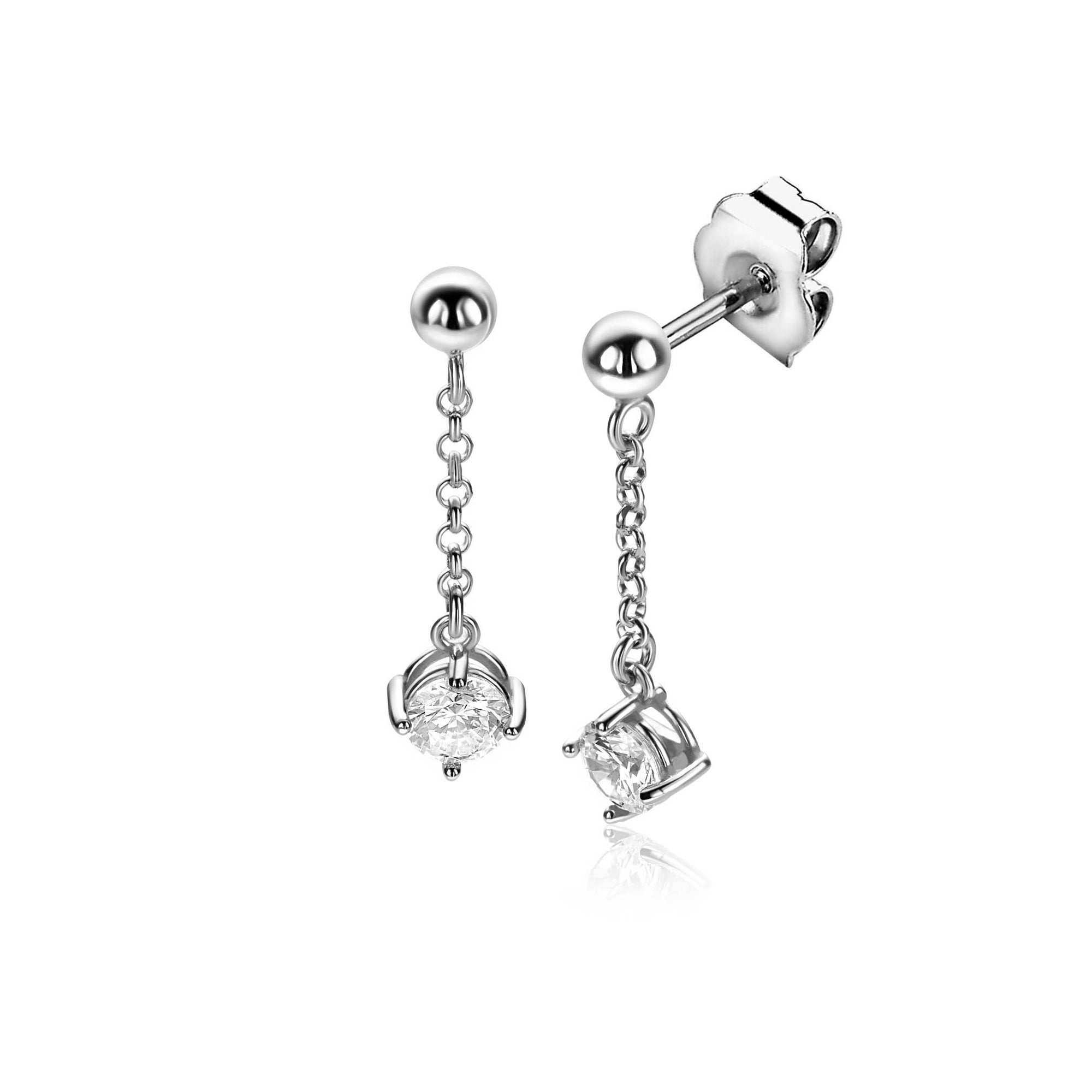 Zinzi 26mm zilveren oorstekers met kettinkje en een bungelende ronde witte zirkonia ZIO2660 - PansiteNederland.nl