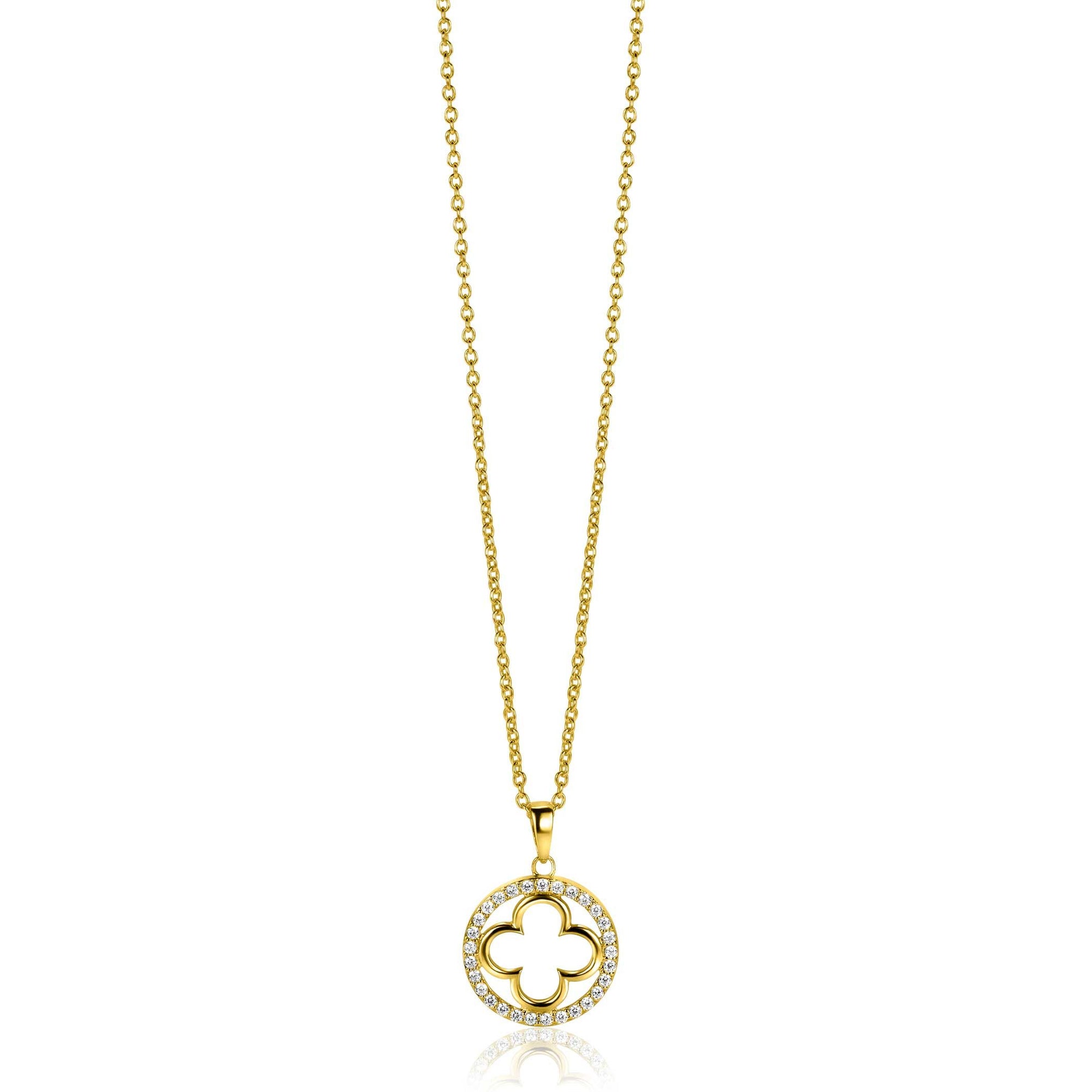 ZINZI gold plated zilveren anker ketting met luxe klaver hanger 15mm rondom bezet met witte zirconia's 45-48cm ZIC2617Y