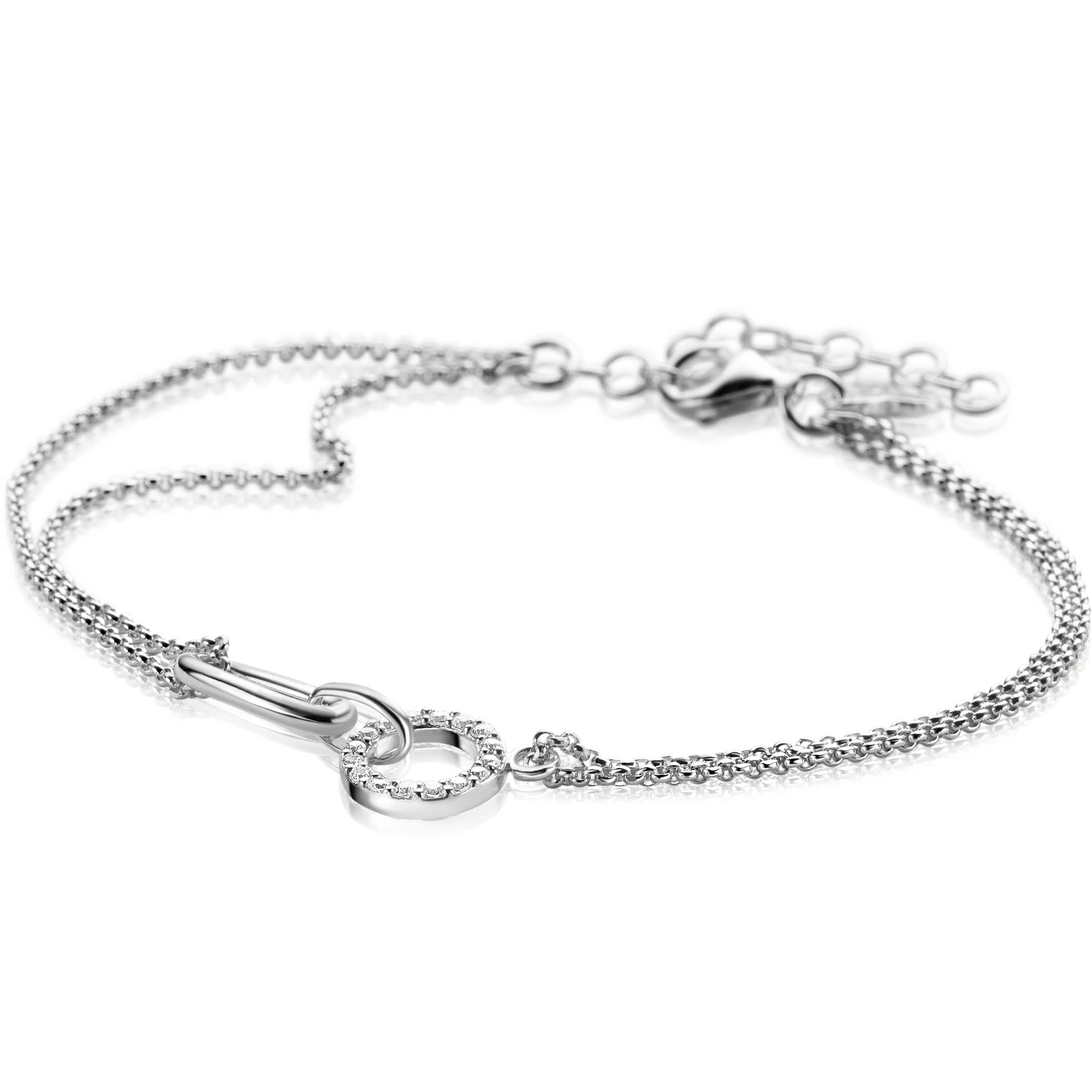 ZINZI zilveren multi-look armband met twee kettinkjes, verbonden aan een ovale schakel en open rondje bezet met witte