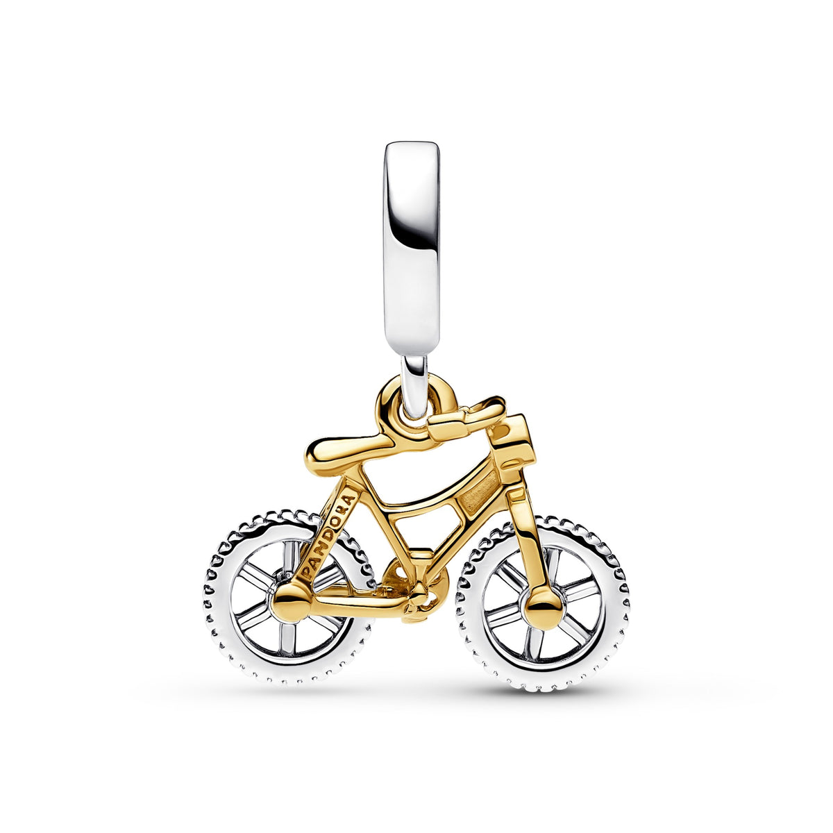 Pandora Tweekleurige Fiets Hangende Bedel met Draaiende Wielen bicolor zilver en goudverguld 763354C01