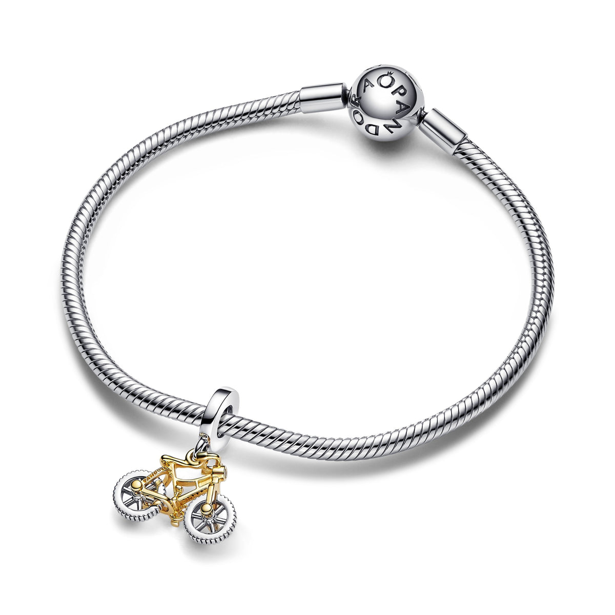 Pandora Tweekleurige Fiets Hangende Bedel met Draaiende Wielen bicolor zilver en goudverguld 763354C01