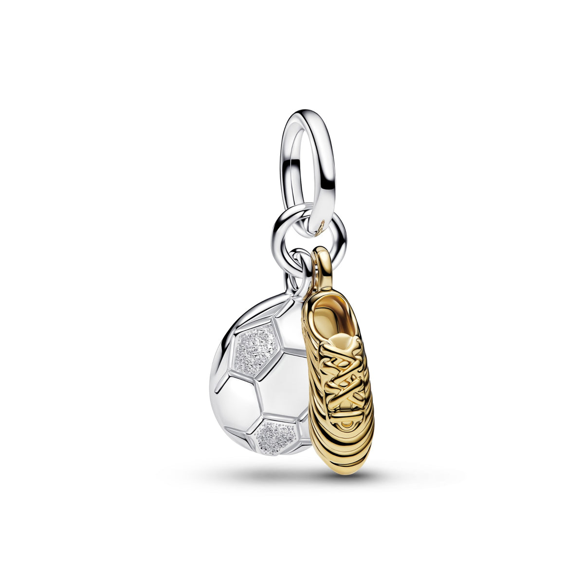 Pandora Voetbalschoen Dubbele Hangende Bedel bicolor zilver en goudverguld