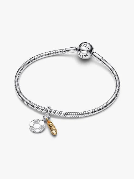 Pandora Voetbalschoen Dubbele Hangende Bedel bicolor zilver en goudverguld 764712C00