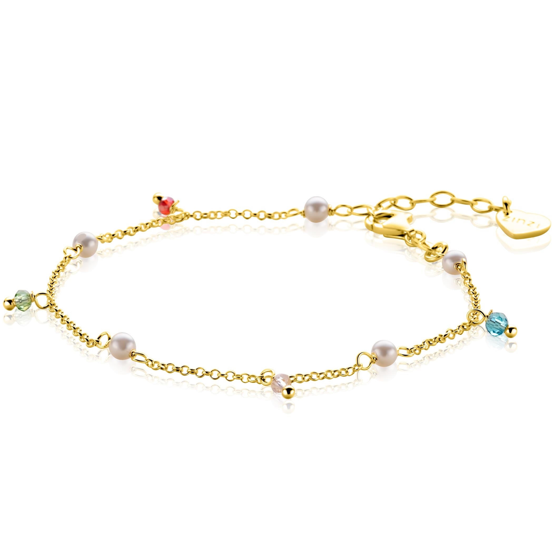 ZINZI gold plated zilveren armband met witte parels en bungelende beads (5,5 mm) in frisse kleuren 17-20cm - ZIA2705G