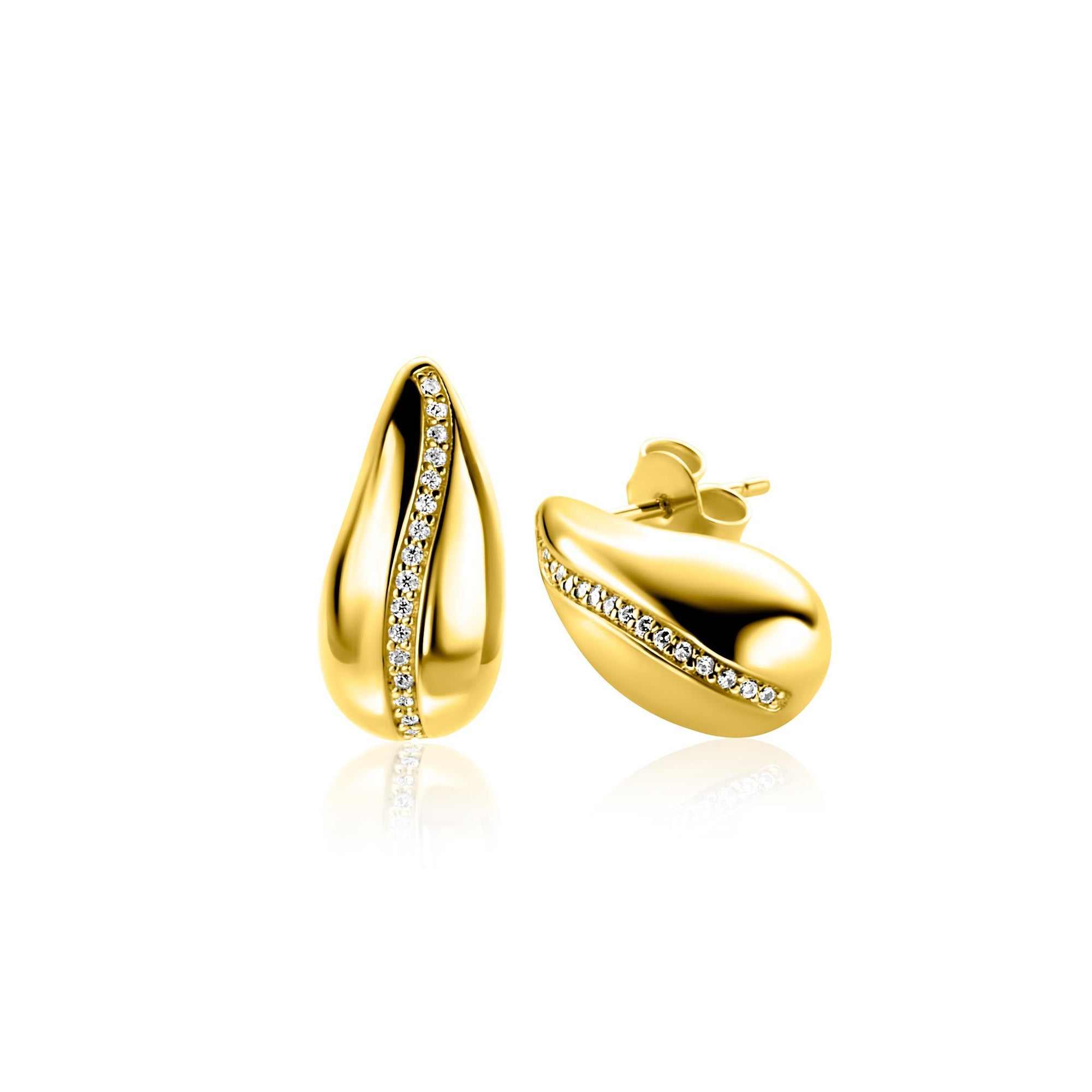 ZINZI gold plated zilveren oorstekers in druppelvorm met golvende rij witte zirkonia's 17mm ZIO2707Y - PansiteNederland.nl