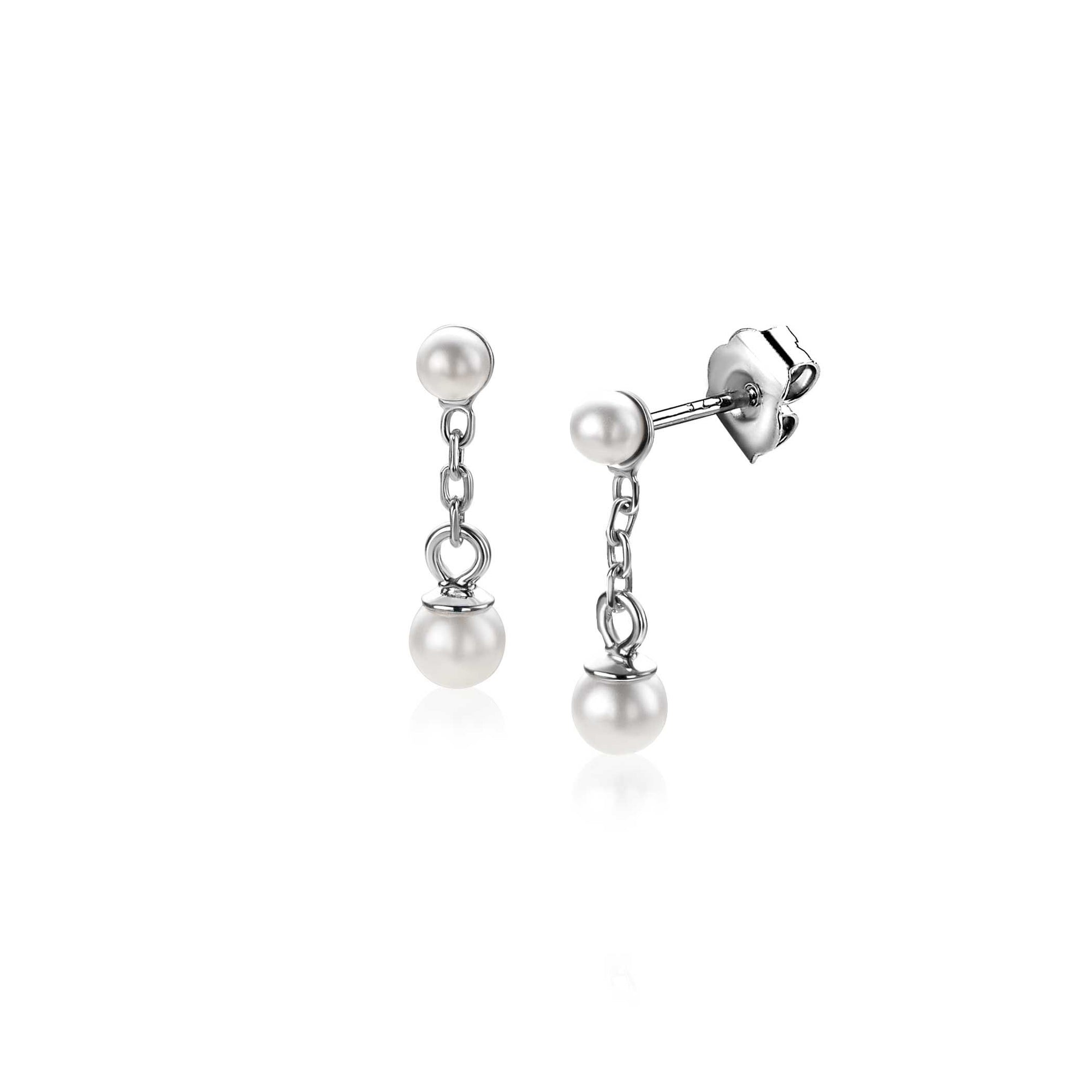 Zinzi 15mm zilveren parel oorstekers met schakelkettinkje en ronde witte glasparel van 4mm ZIO2623 - PansiteNederland.nl