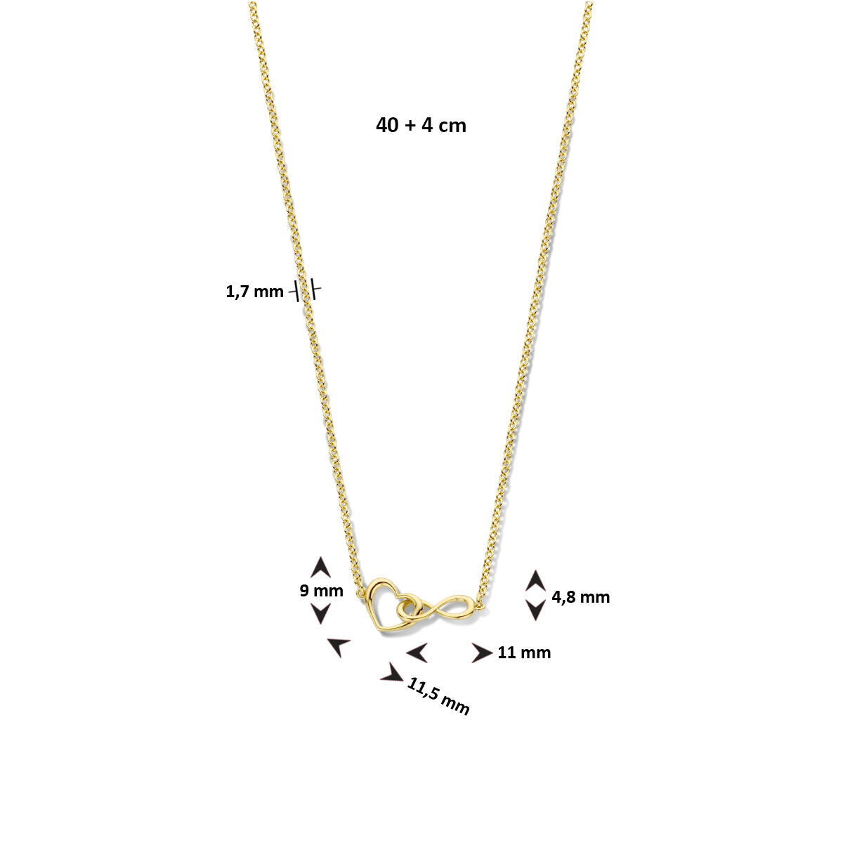 Collier hart en infinity 40 + 4 cm 3 micron zilver verguld (geel)
