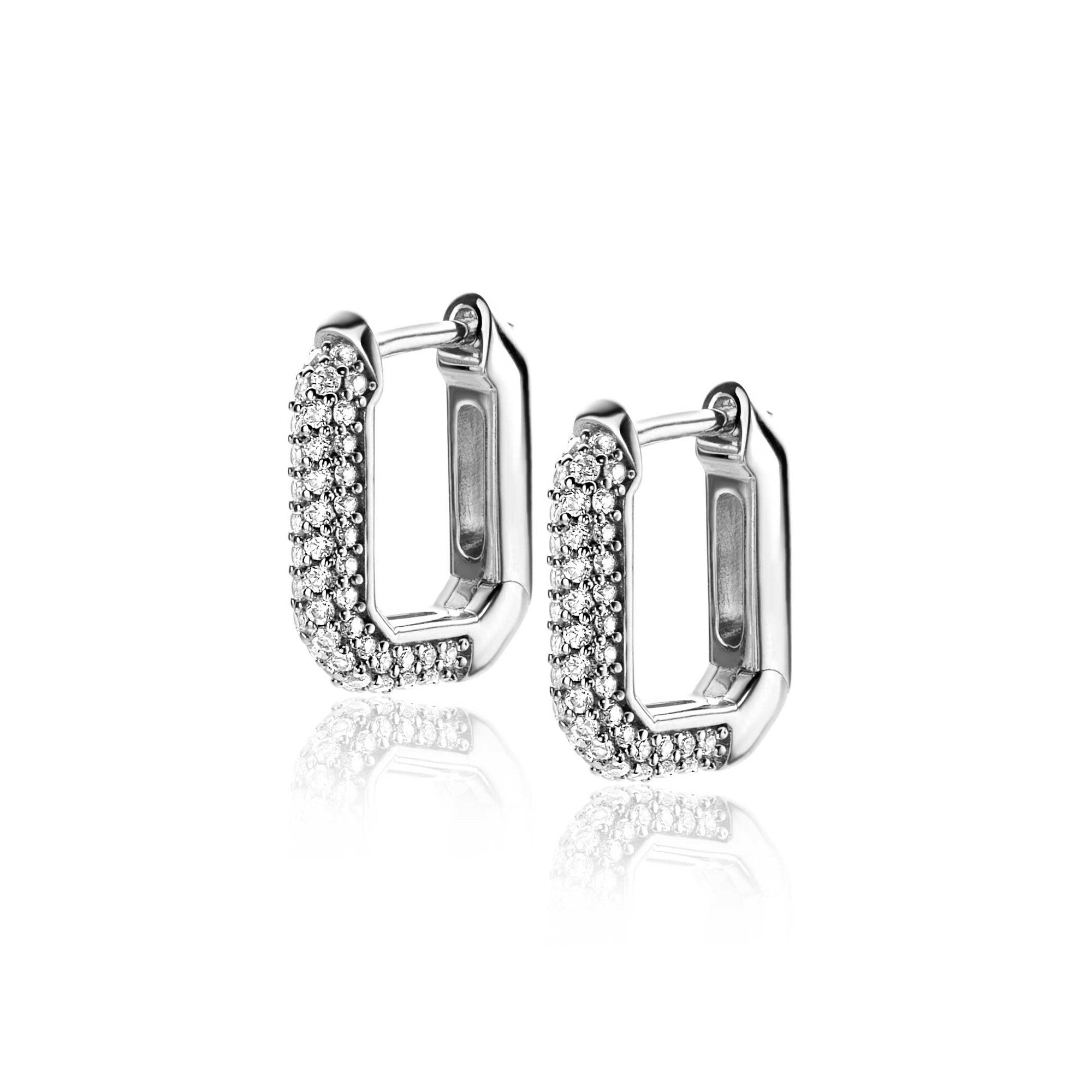 16mm ZINZI zilveren luxe oorbellen 16x3mm achthoekig bezet met witte zirconia's en klapsluiting - ZIO2495Z
