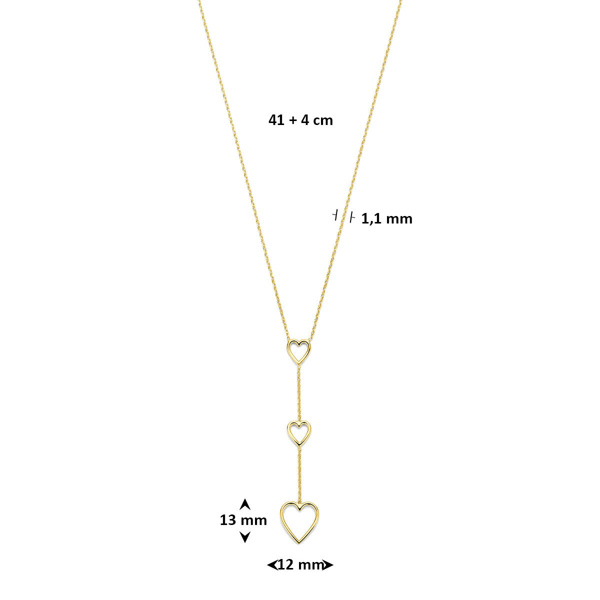Y-collier hartjes 41 + 4 cm 3 micron zilver verguld