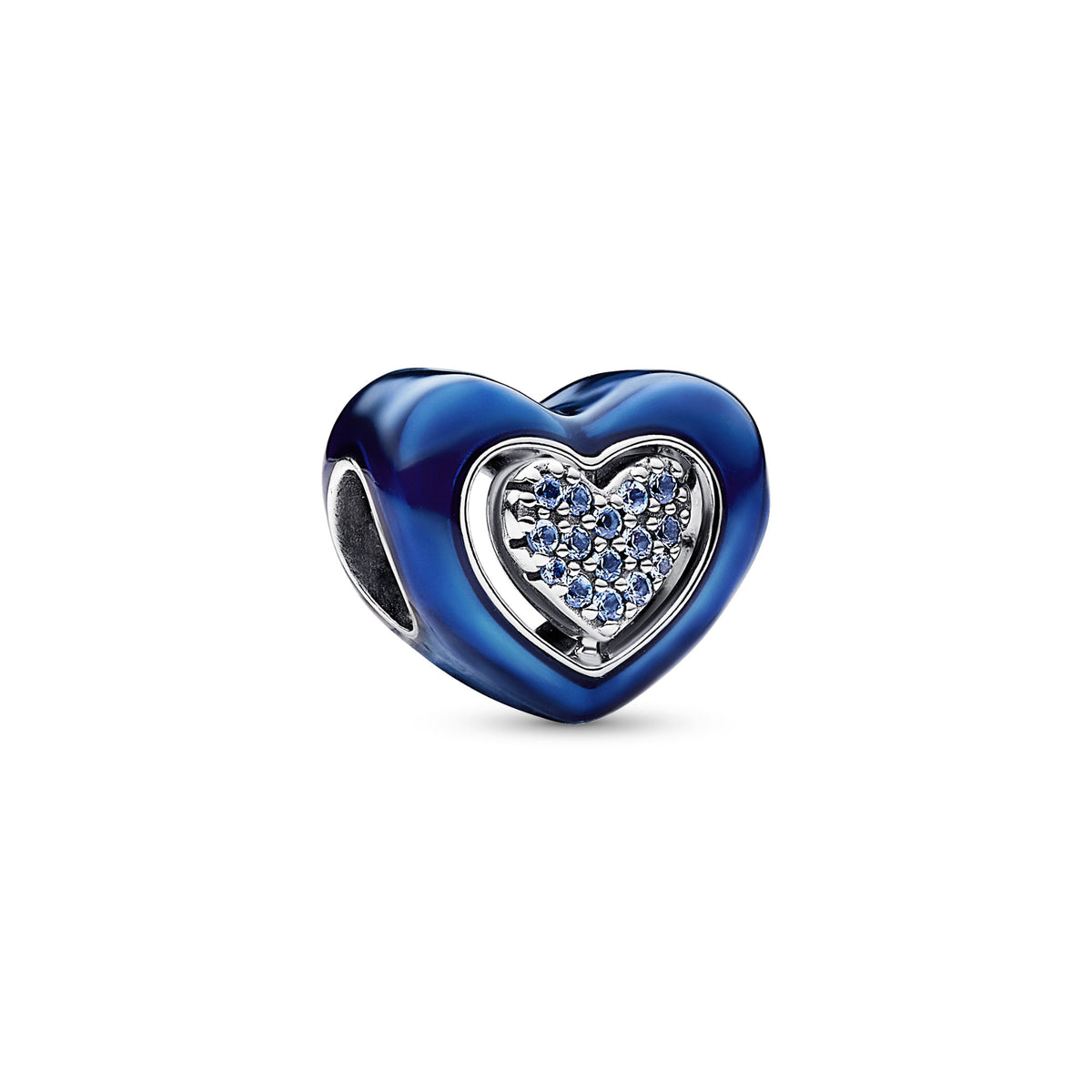 Pandora Blauwe draaiende hartbedel zilver