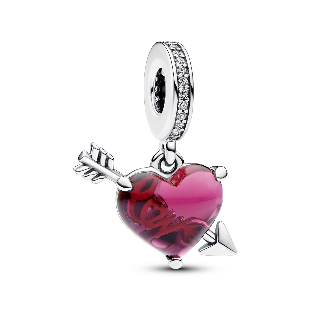 Pandora Rood hart & pijl muranoglazen hangende bedel zilver
