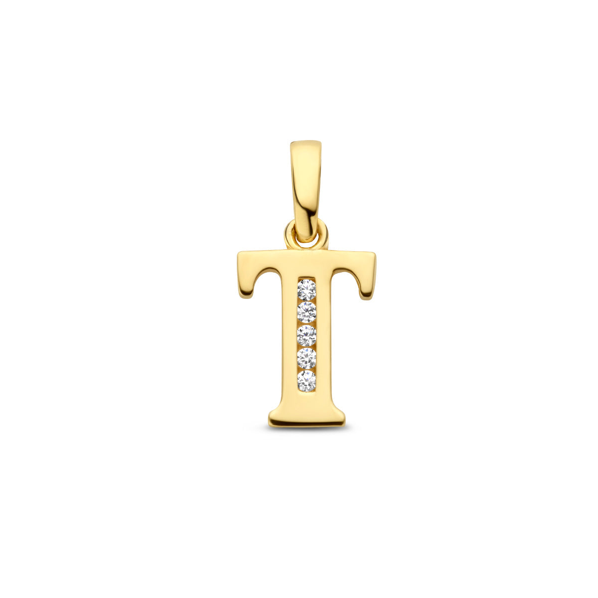 Hanger letter T zirkonia 14 mm 14K geelgoud #Letter_T