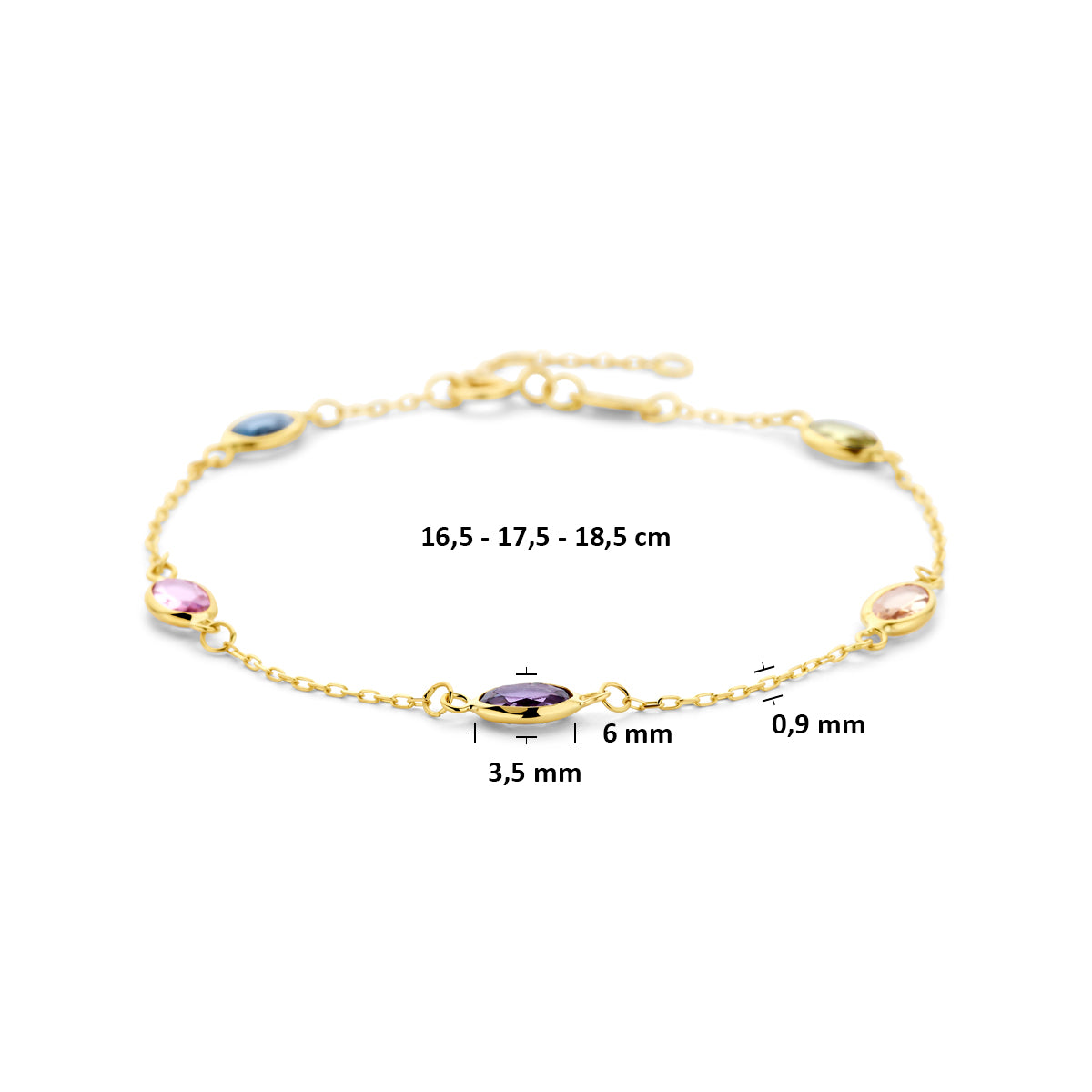 Armband synthetische stenen 9K geelgoud 16,5 - 17,5 - 18,5 cm
