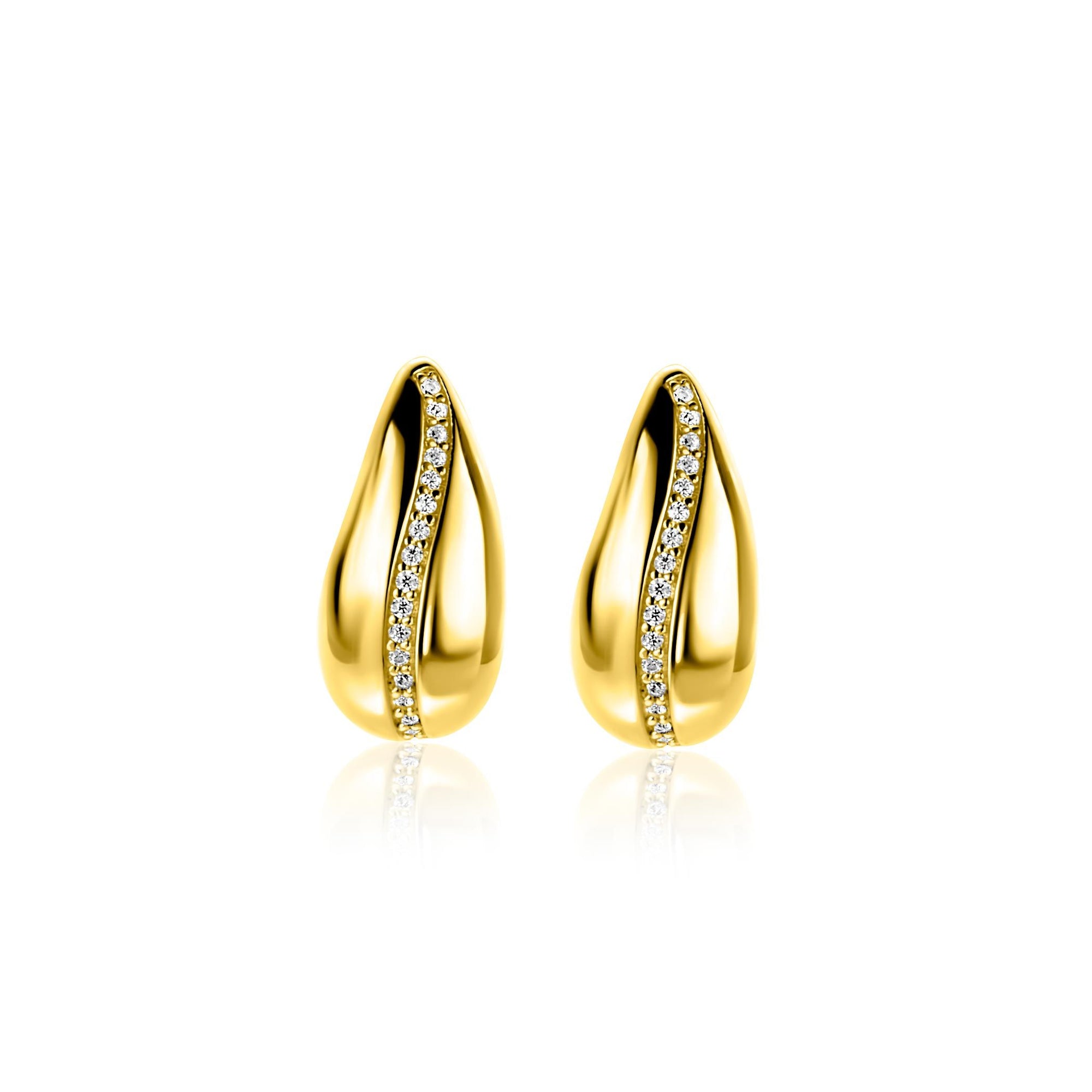ZINZI gold plated zilveren oorstekers in druppelvorm met golvende rij witte zirkonia's 17mm ZIO2707Y - PansiteNederland.nl