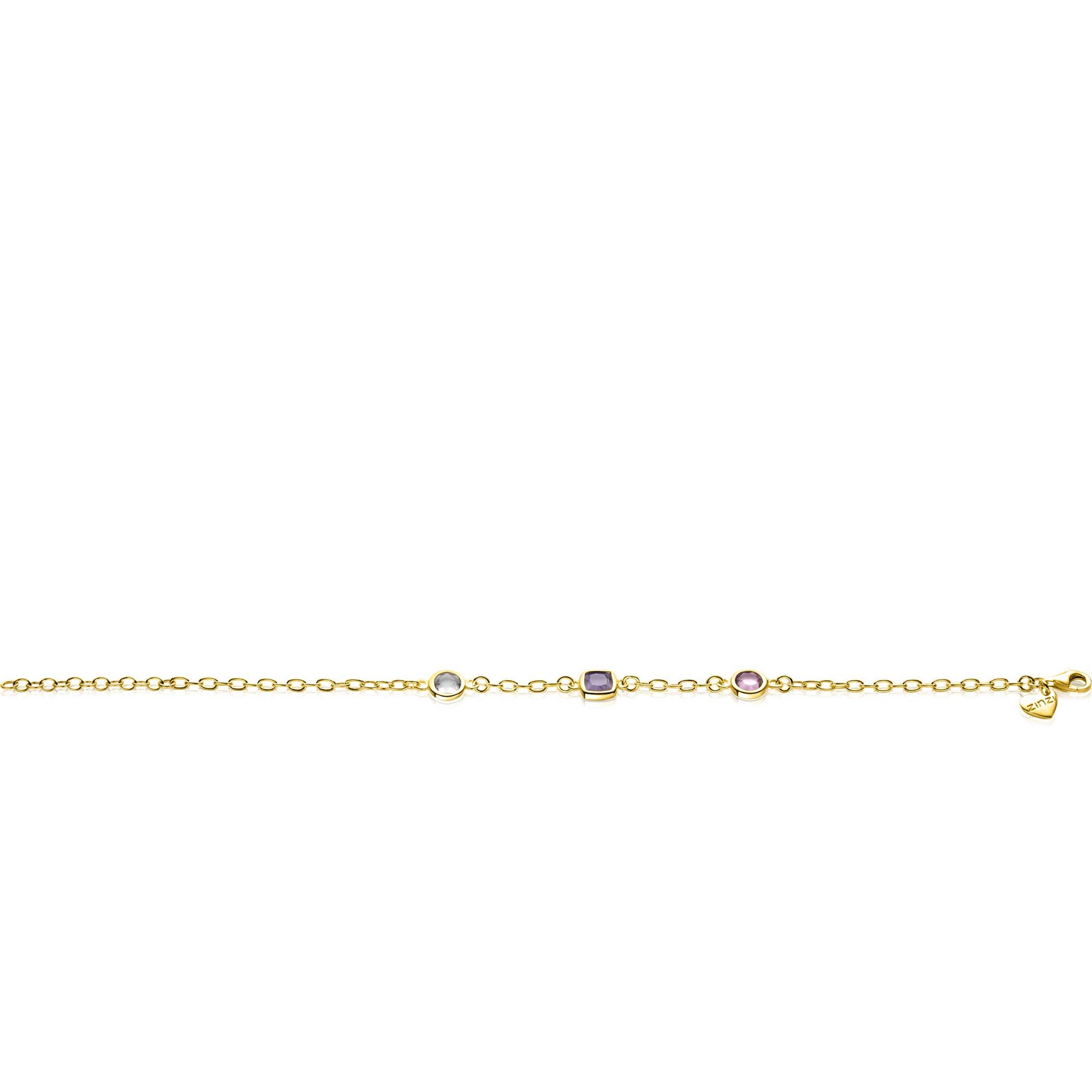 ZINZI gold plated zilveren schakelarmband met ronde en vierkante zettingen pastel en paars 17-20cm - ZIA2525G