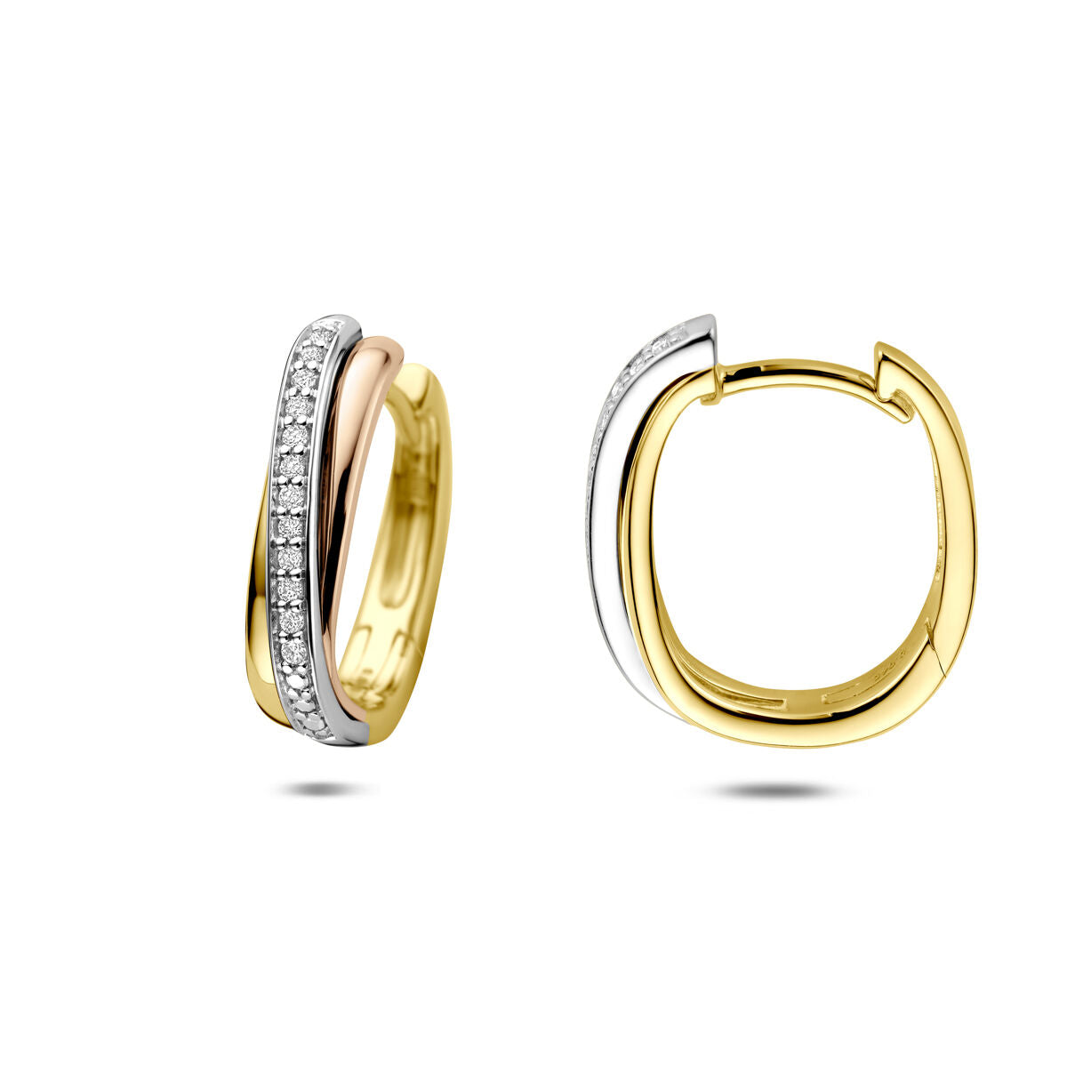 14K tricolor gouden klapoorringen diamant 0.09ct 2x 0.045ct h si 15,5 mm - 4300618