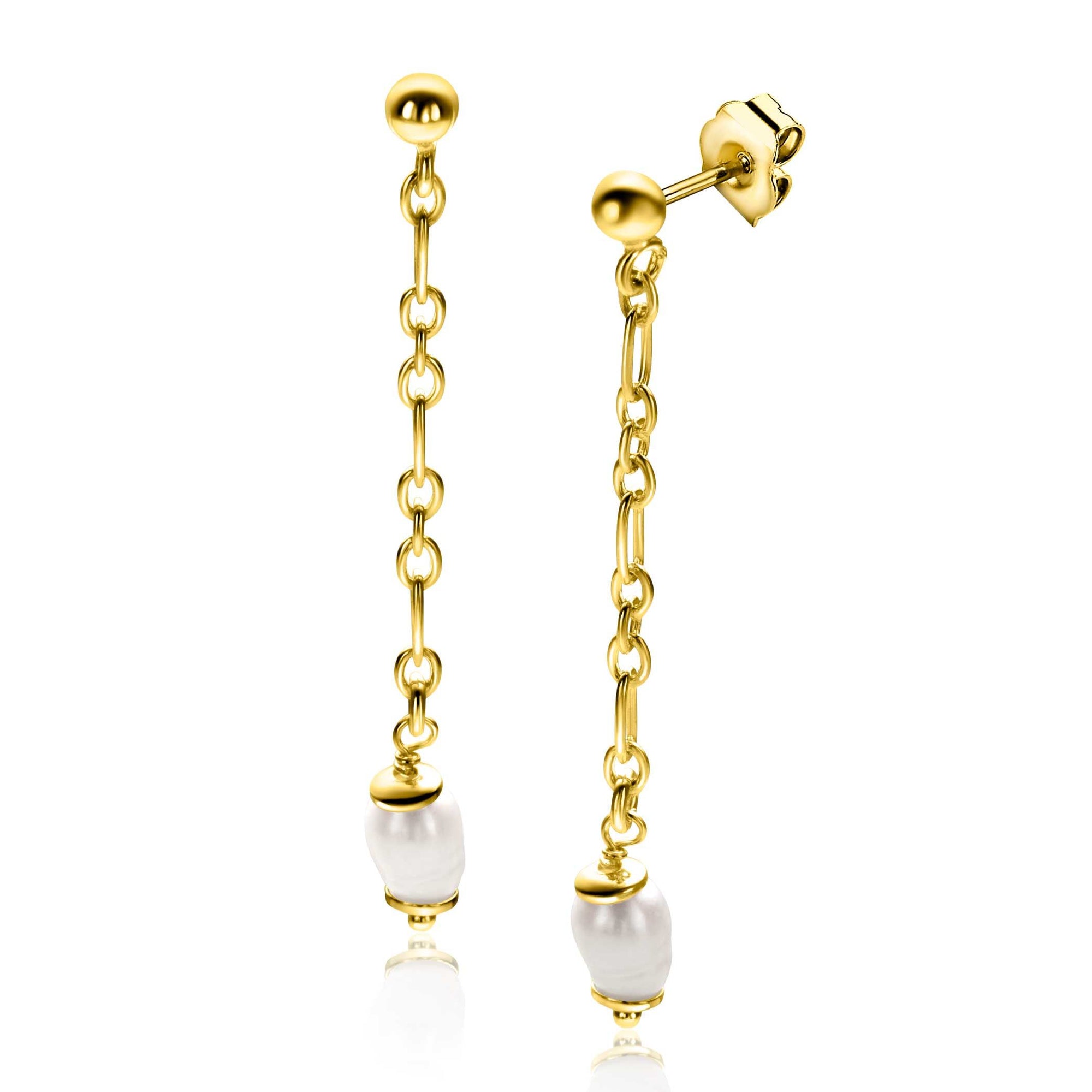 Zinzi 40mm gold plated zilveren oorstekers met lang schakelkettinkje, inclusief witte zoetwaterparel ZIO2588 - PansiteNederland.nl