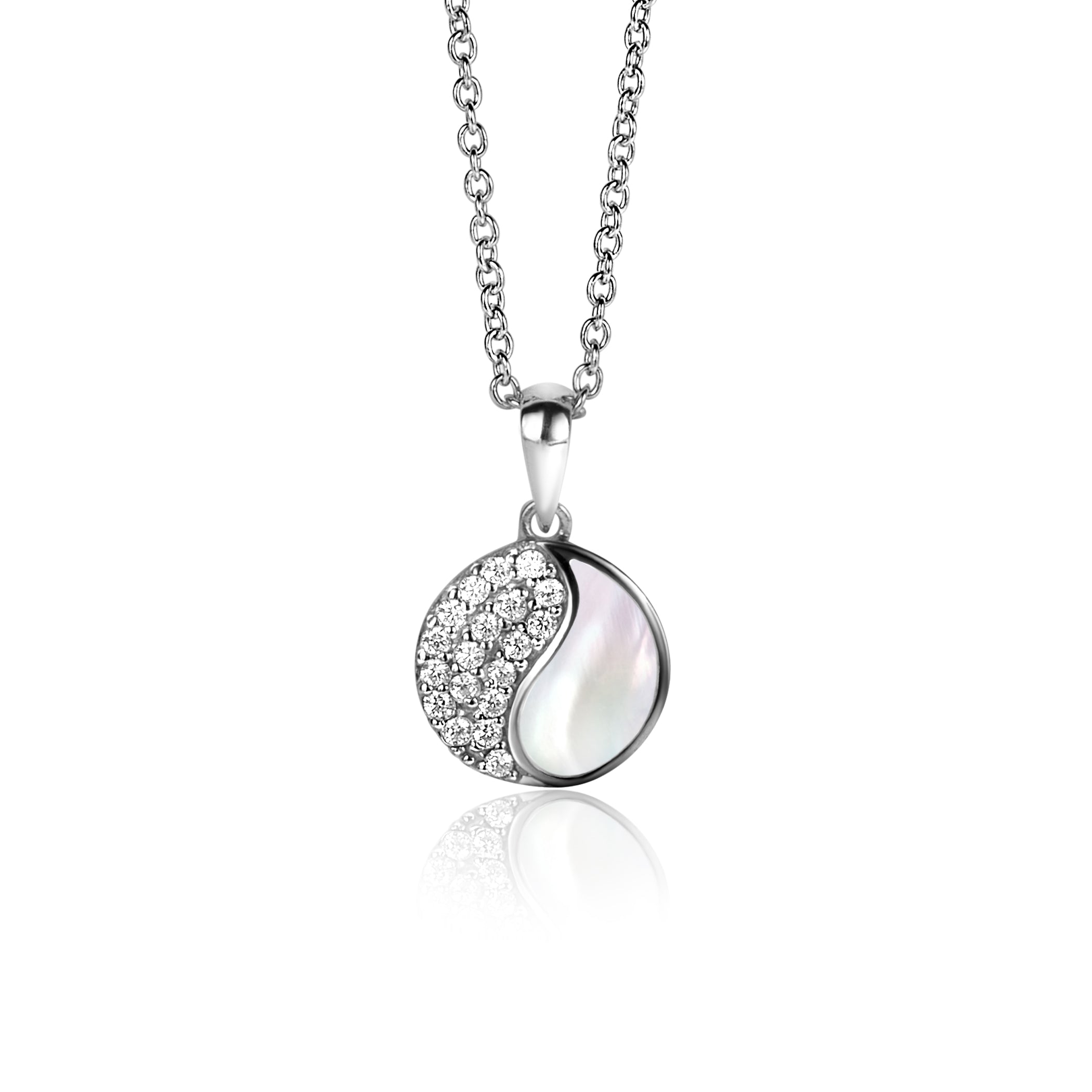 18mm ZINZI zilveren Yin Yang hanger rond, bezet met parelmoer en witte zirconia's. Yin Yang staat symbool voor: balans