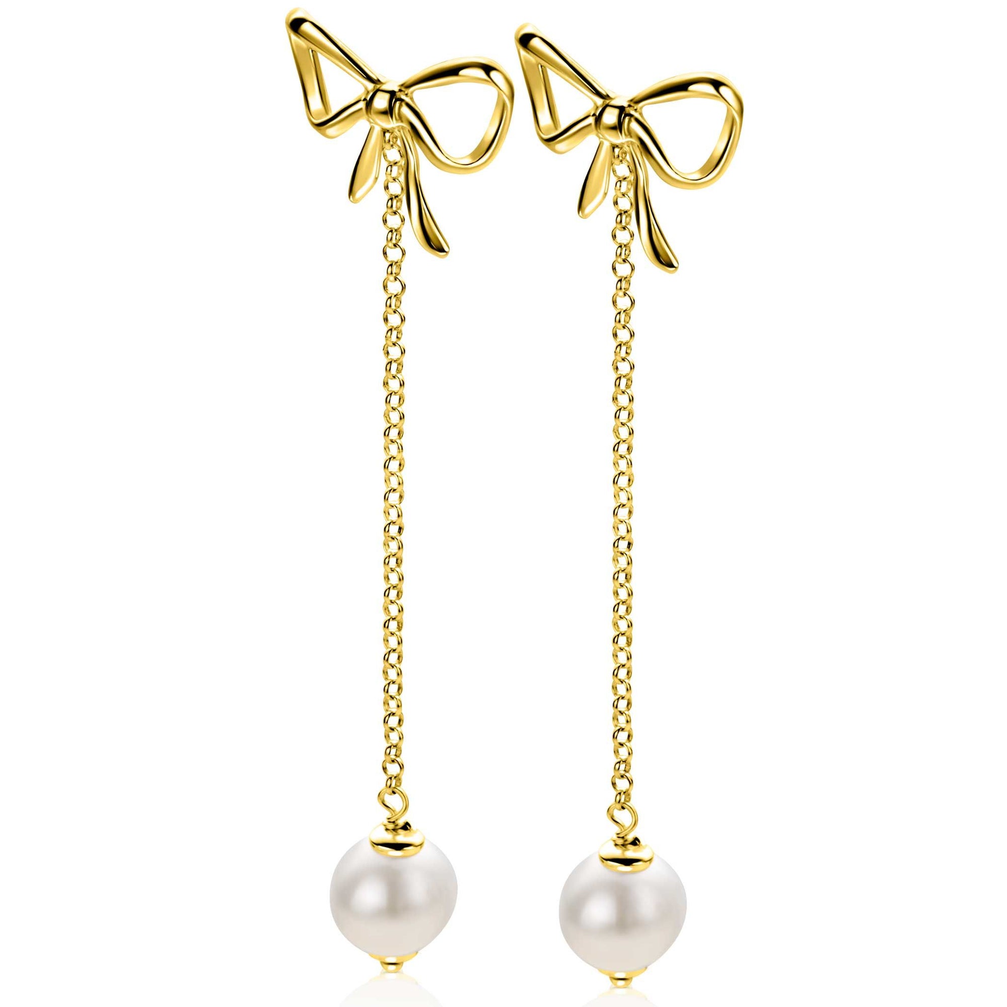 Zinzi 60mm gold plated zilveren strik oorstekers met jasseron kettinkje en zoetwaterparel ZIO2677 - PansiteNederland.nl