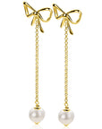 Zinzi 60mm gold plated zilveren strik oorstekers met jasseron kettinkje en zoetwaterparel ZIO2677 - PansiteNederland.nl