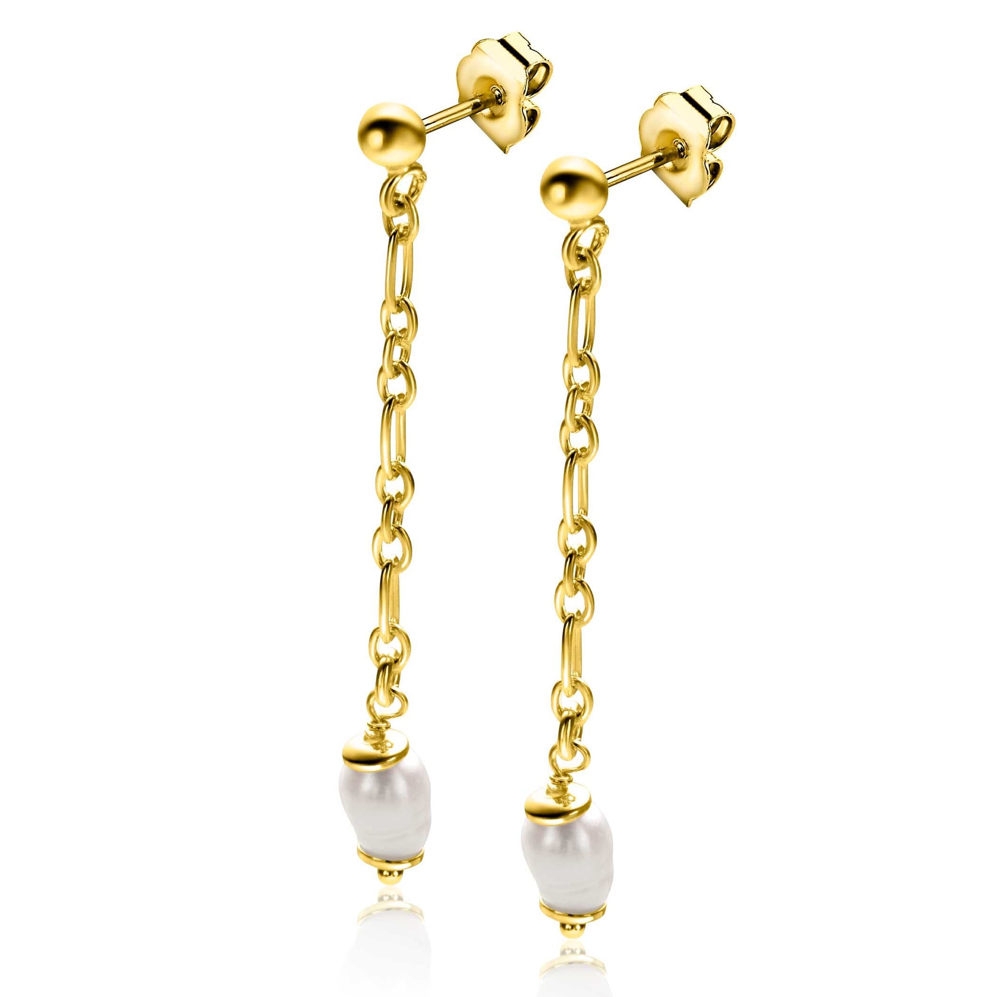 Zinzi 40mm gold plated zilveren oorstekers met lang schakelkettinkje, inclusief witte zoetwaterparel ZIO2588 - PansiteNederland.nl