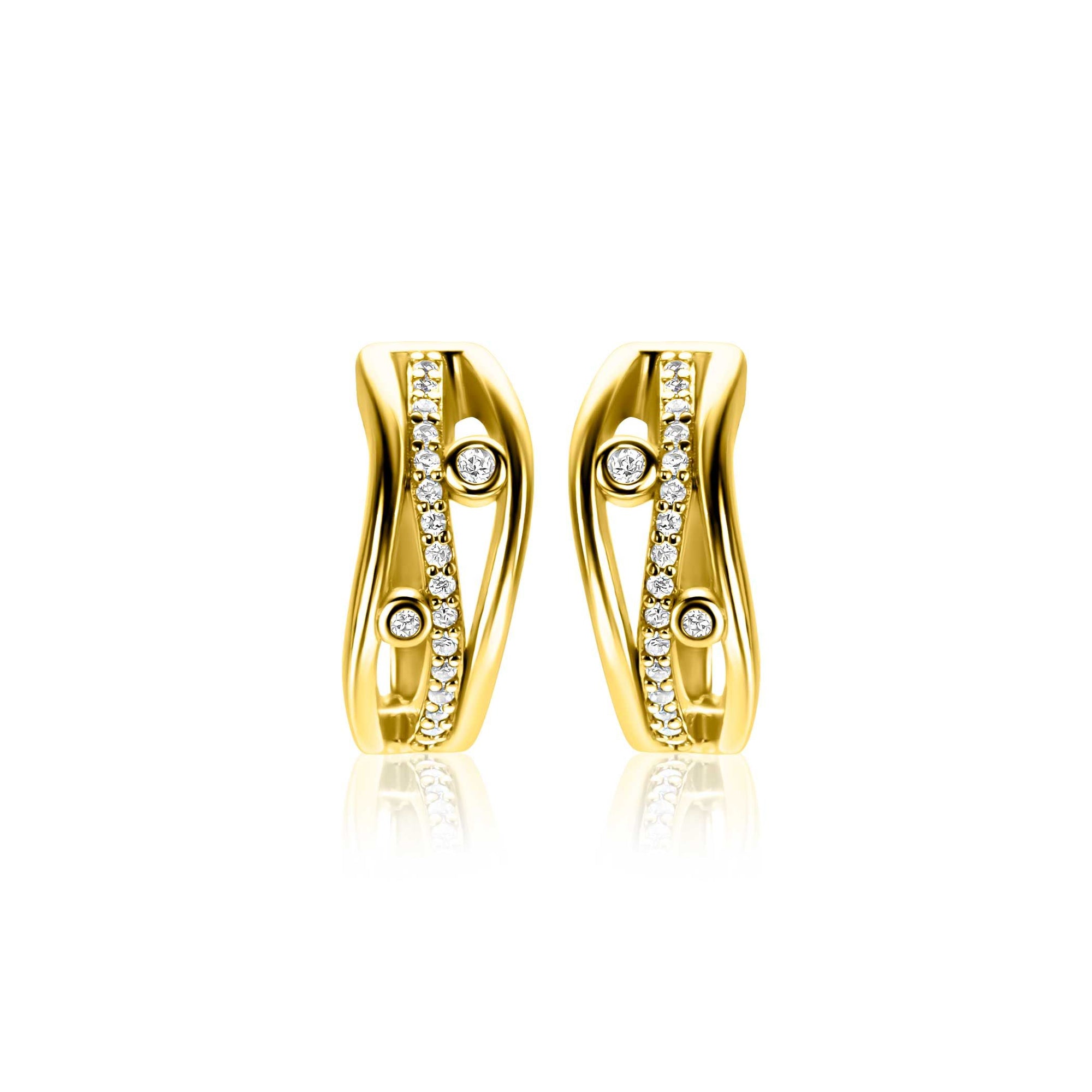 Zinzi 16mm gold plated zilveren multi-look oorringen in golvend design, bezet met witte zirkonia's en luxe klapsluiting ZIO2685 - PansiteNederland.nl