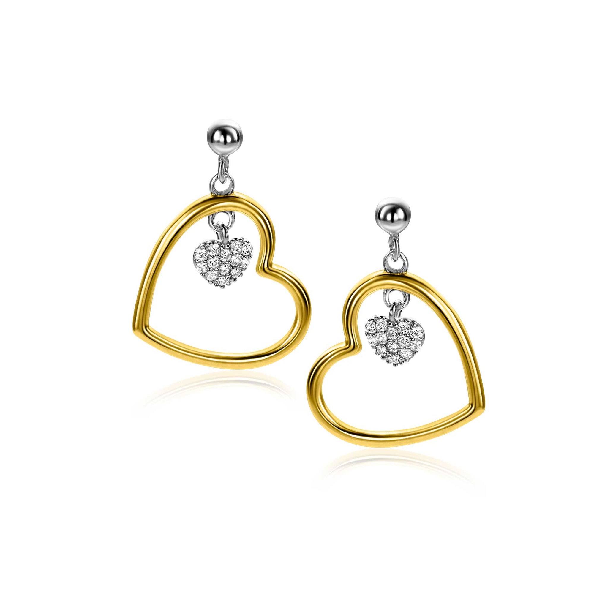 Zinzi 20mm gold plated zilveren oorstekers open hart 15mm en bungelend hartje bezet met witte zirkonia's ZIO2621 - PansiteNederland.nl