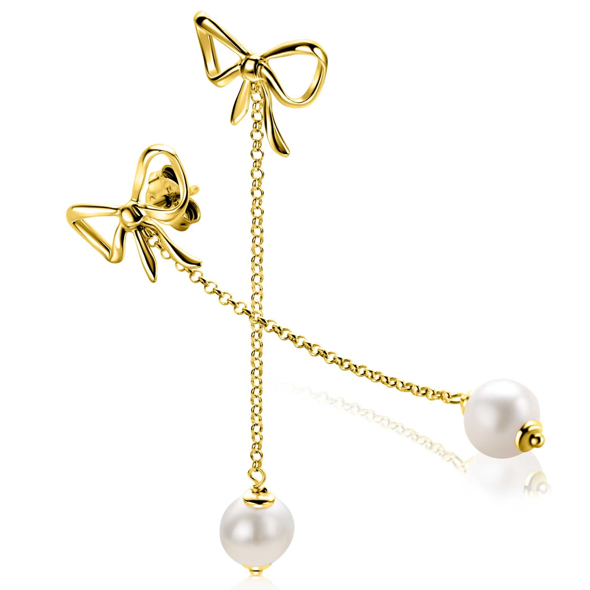 Zinzi 60mm gold plated zilveren strik oorstekers met jasseron kettinkje en zoetwaterparel ZIO2677 - PansiteNederland.nl