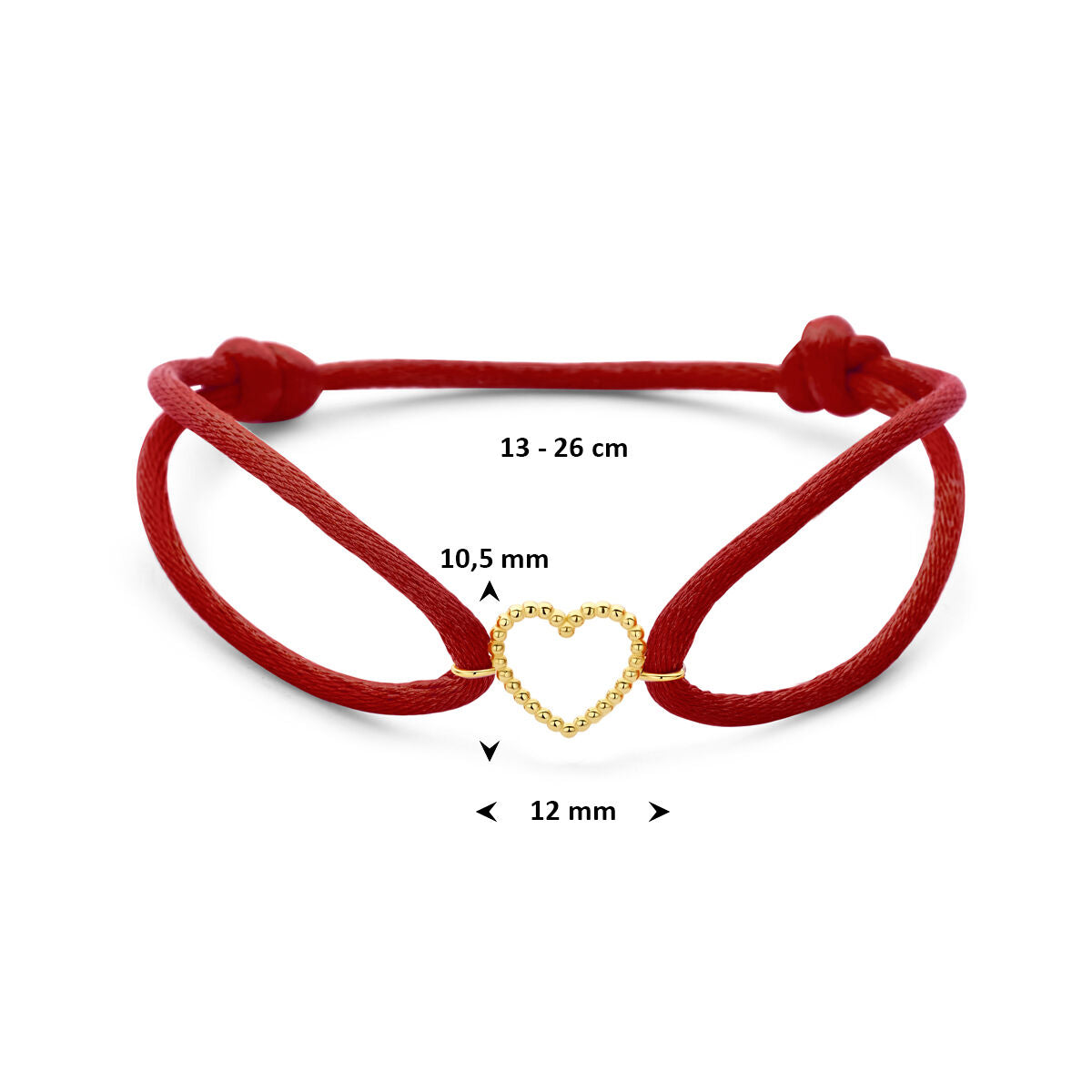 Armband rood satijn hartje 13 - 26 cm 14K goud met rubber/nylon/leer