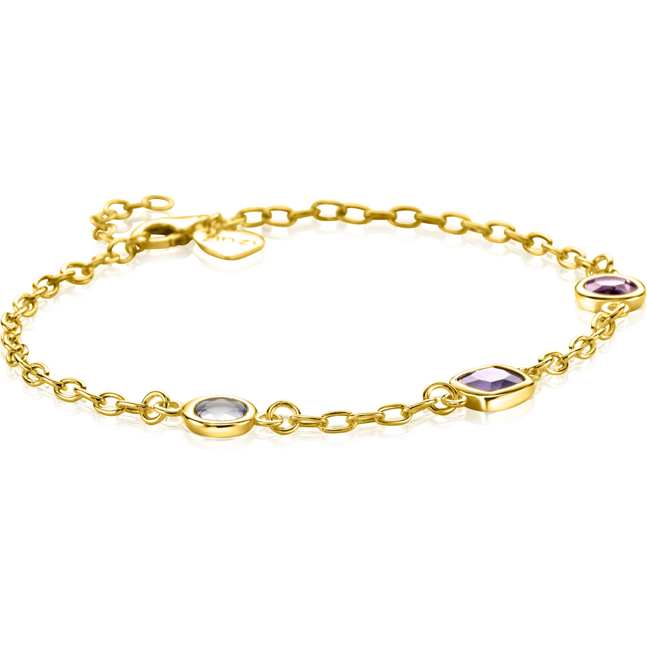 ZINZI gold plated zilveren schakelarmband met ronde en vierkante zettingen pastel en paars 17-20cm - ZIA2525G