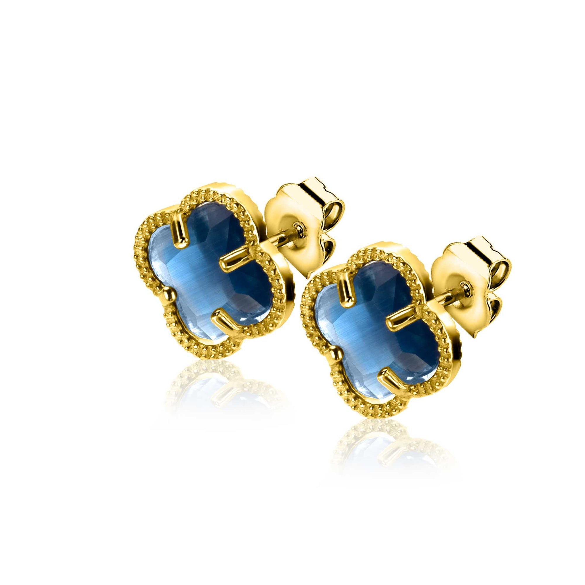 Zinzi 9mm gold plated zilveren oorstekers in klaver vorm met donkerblauwe kleursteen ZIO2662DB - PansiteNederland.nl