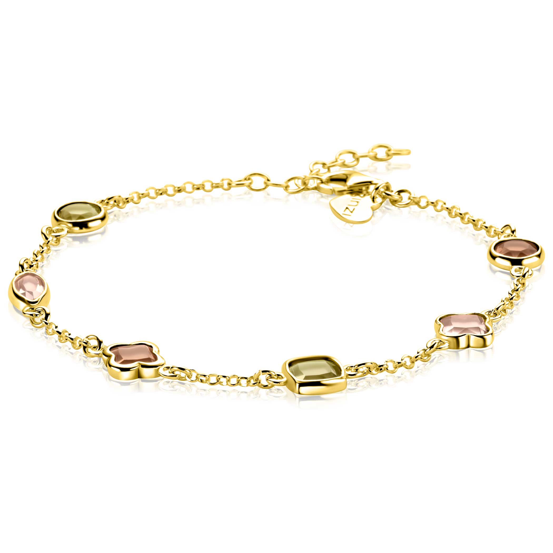ZINZI gold plated zilveren fantasie armband met speelse vormen bruin en olijfgroen - ZIA2771