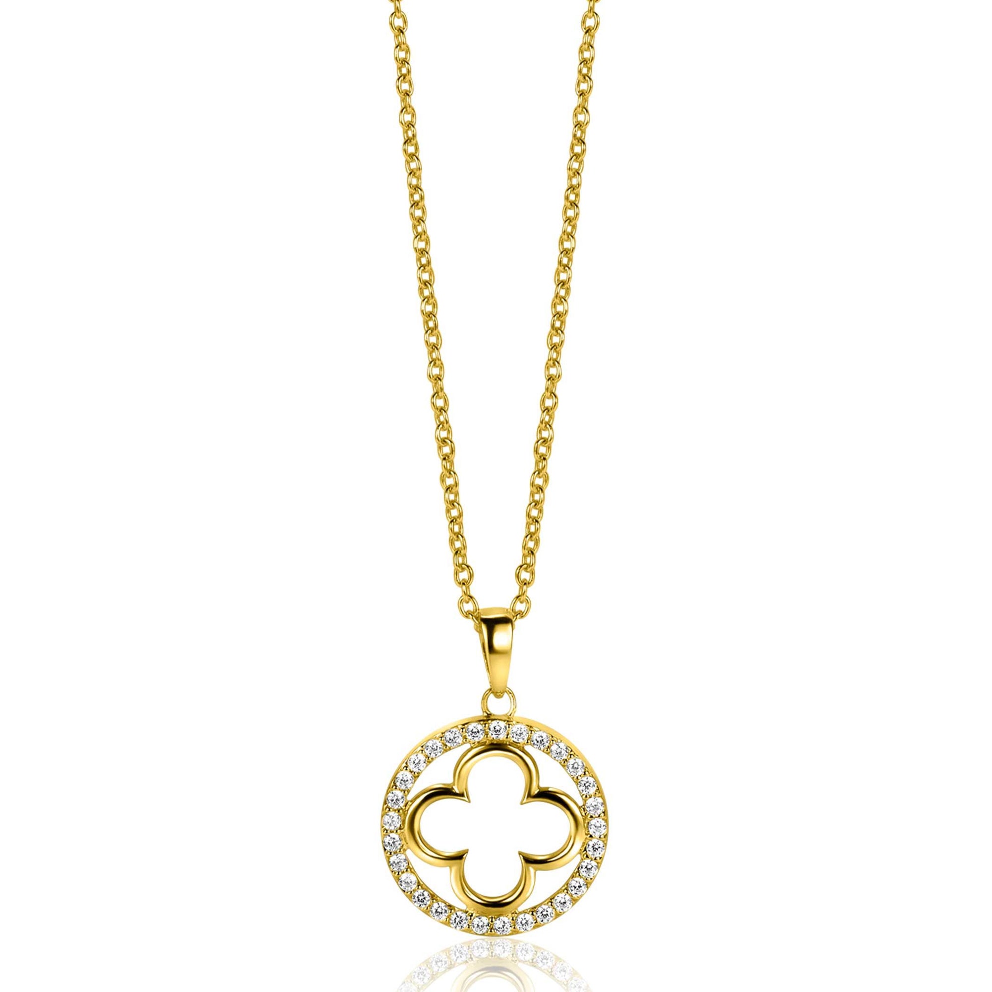 ZINZI gold plated zilveren anker ketting met luxe klaver hanger 15mm rondom bezet met witte zirconia's 45-48cm ZIC2617Y