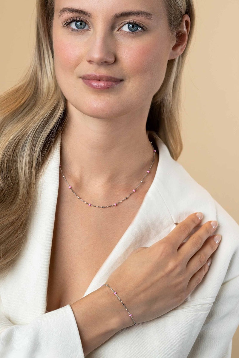 ZINZI zilveren fantasie armband met 5 roze donuts en glanzende bolletjes 17-19,5cm - ZIA2510