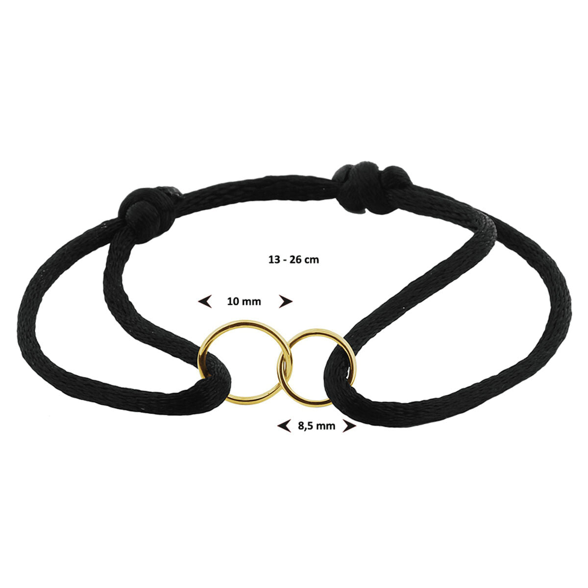 Armband satijn zwart rondjes 13 - 26 cm 14K goud met rubber/nylon/leer