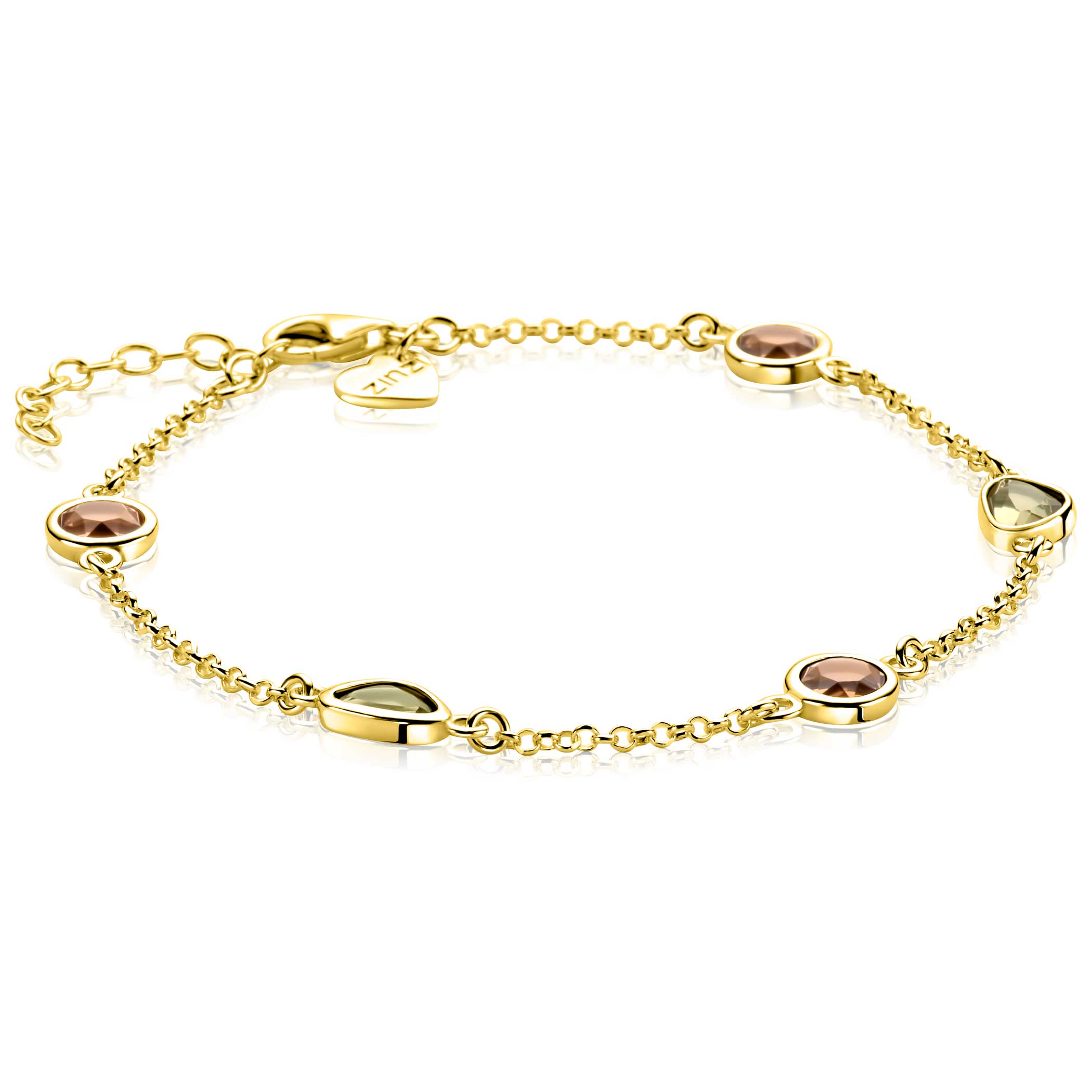 ZINZI gold plated zilveren fantasie armband met ronde vormen bruin en olijfgroen - ZIA2770