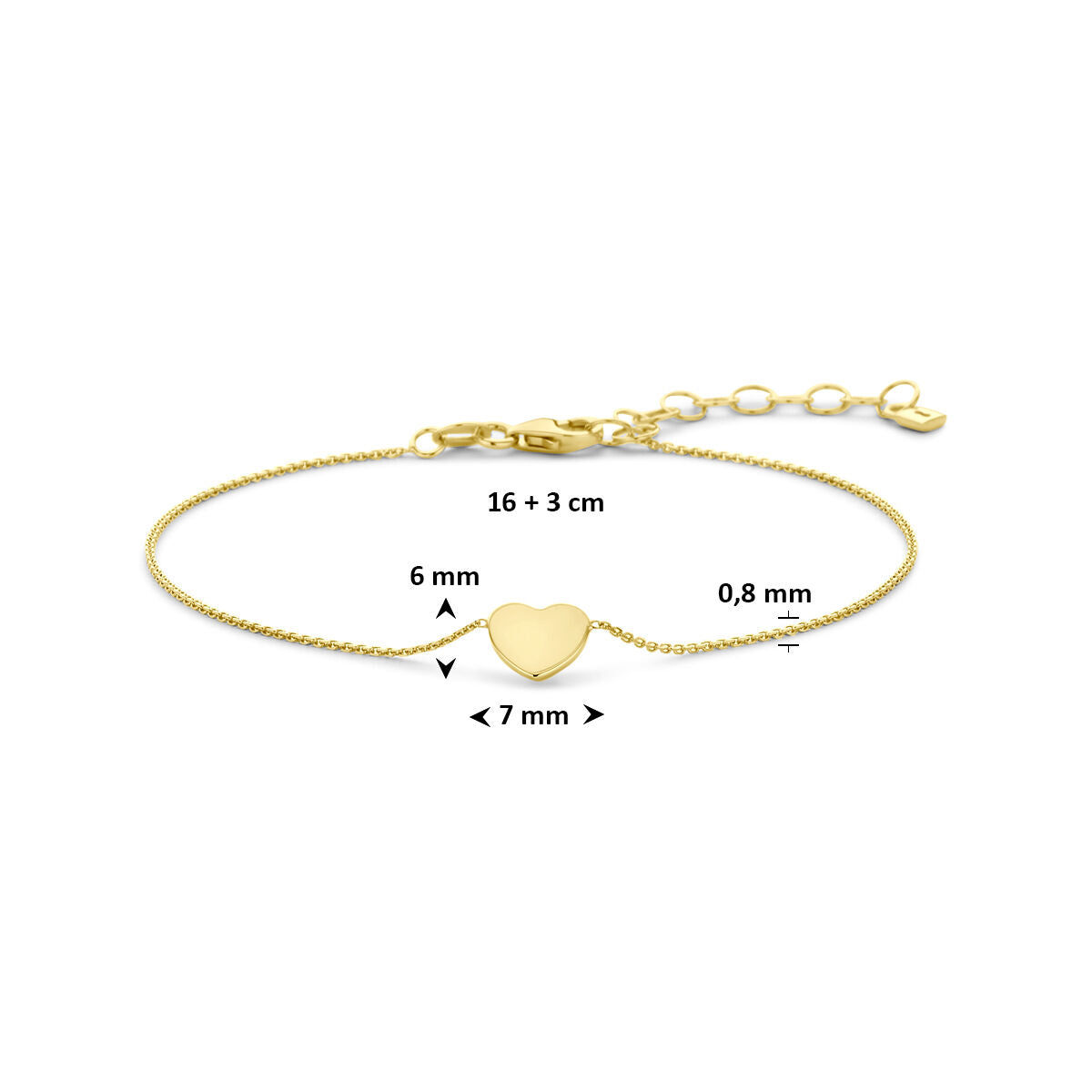 Armband hartje 9K geelgoud 16 + 3 cm