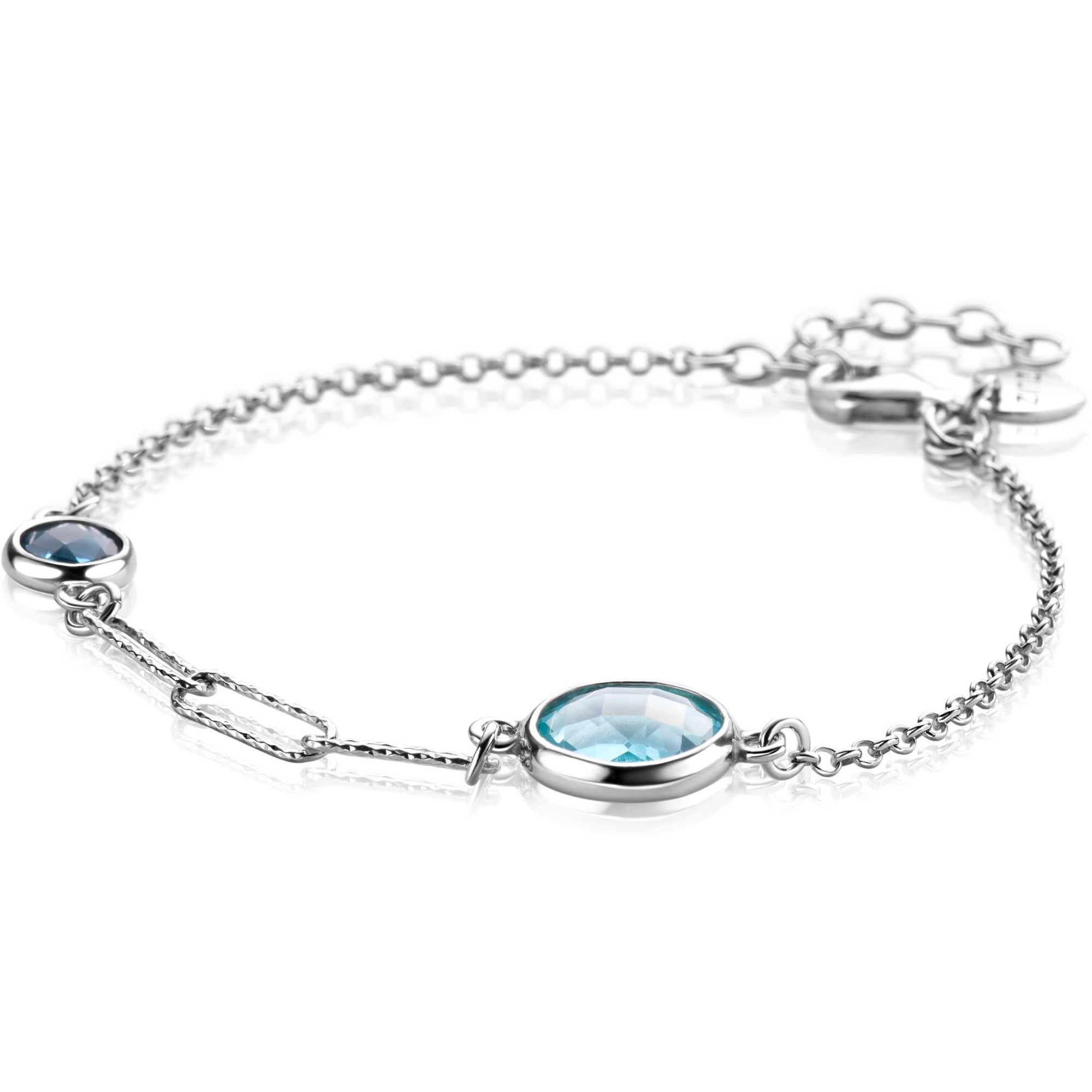 ZINZI zilveren armband met twee ronde zettingen bezet met licht blauwe en indigo blauwe kleurstenen en drie trendy paperclip-schakels 16-19cm ZIA2418 - PansiteNederland.nl