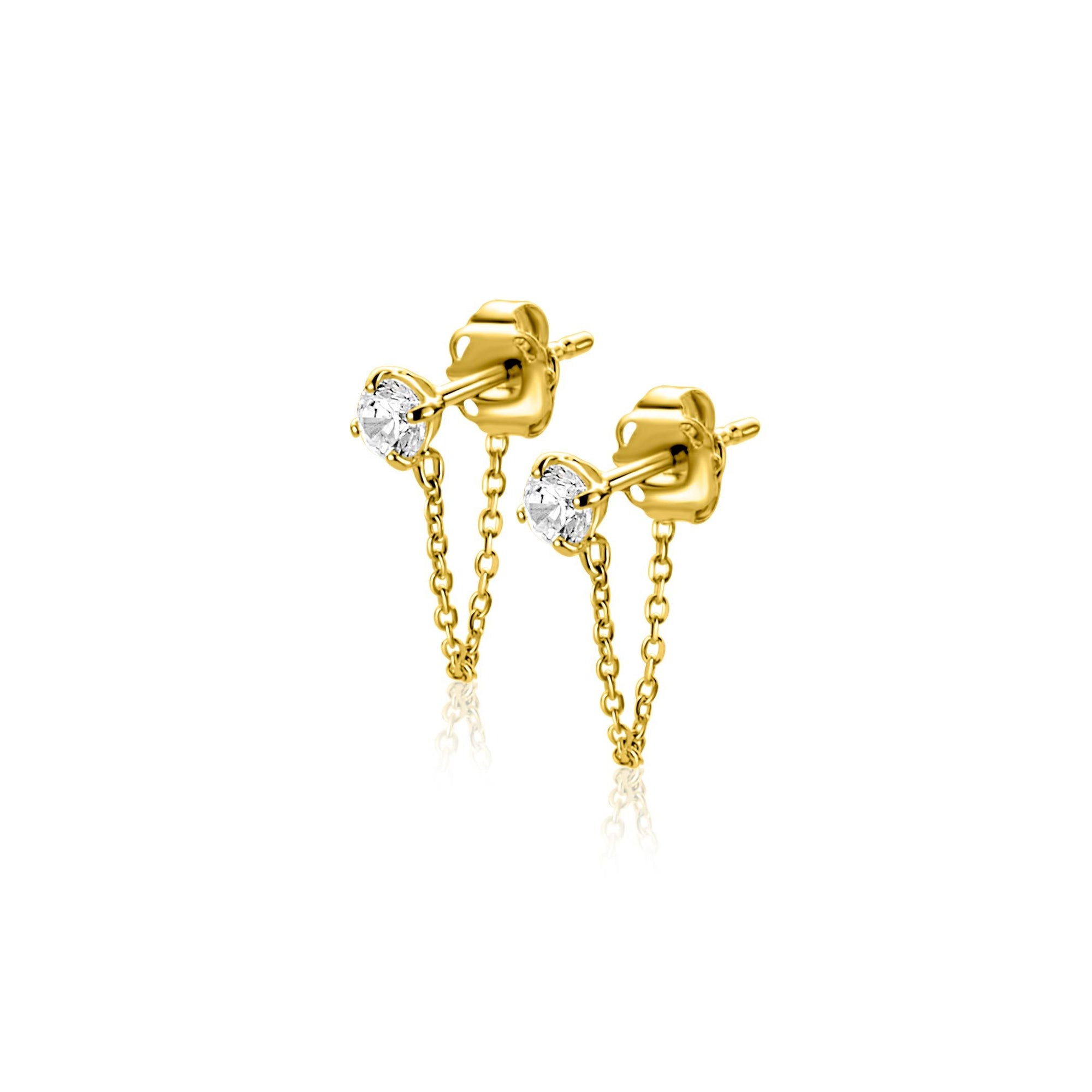 ZINZI Gold 14 krt gouden oorstekers met ketting en ronde witte zirkonia 12mm ZGO552 - PansiteNederland.nl