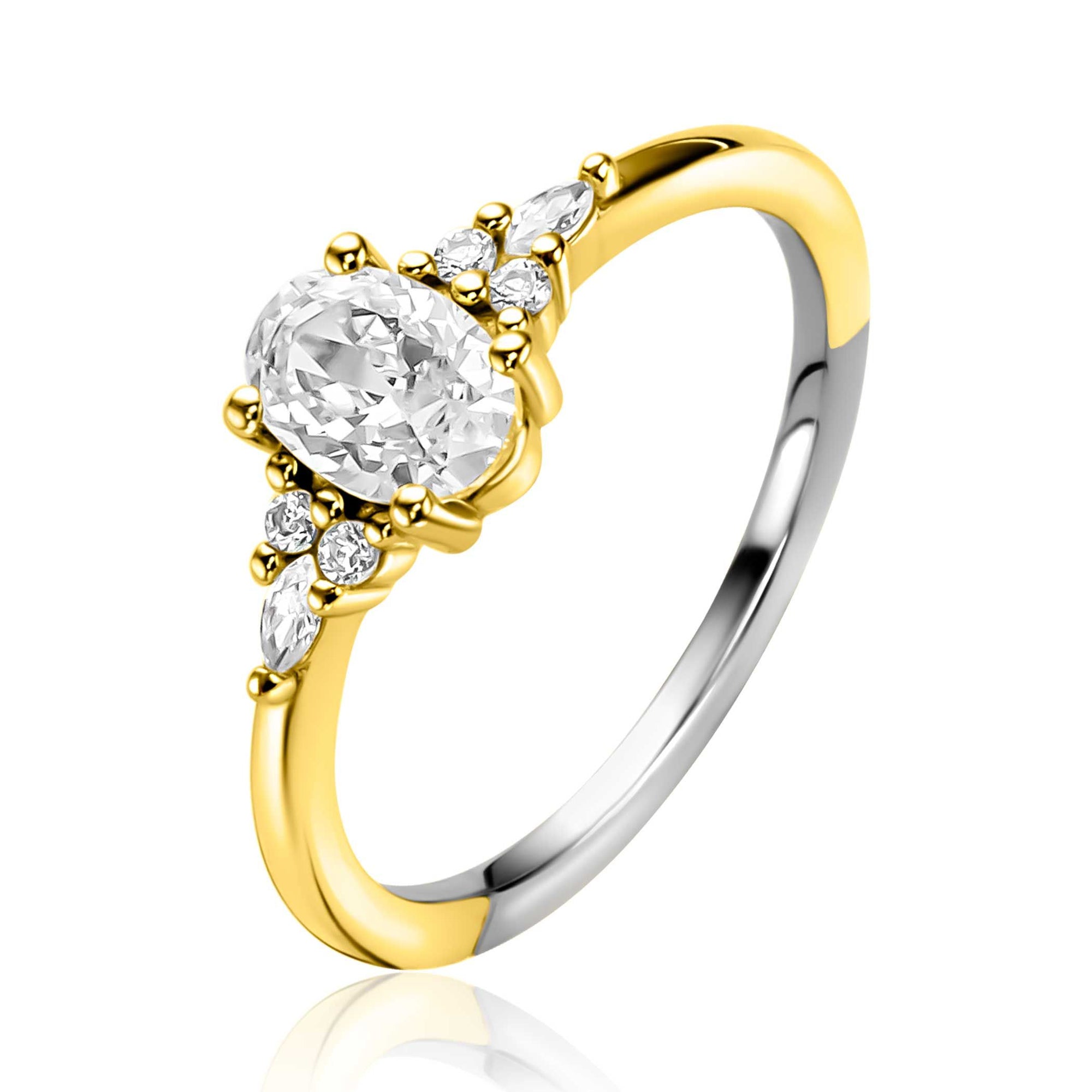 ZINZI gold plated zilveren verlovingsring met grote ovale witte zirkonia (7mm) en kleinere zirkonia's, met klein hartje aan de zijkant ZIR2698Y - PansiteNederland.nl