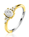 ZINZI gold plated zilveren verlovingsring met grote ovale witte zirkonia (7mm) en kleinere zirkonia's, met klein hartje aan de zijkant ZIR2698Y - PansiteNederland.nl