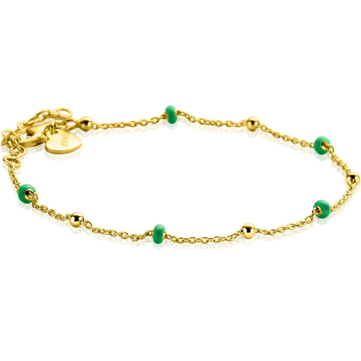 ZINZI gold plated zilveren fantasie armband met 5 groene donuts en glanzende bolletjes 17-19,5cm - ZIA2509