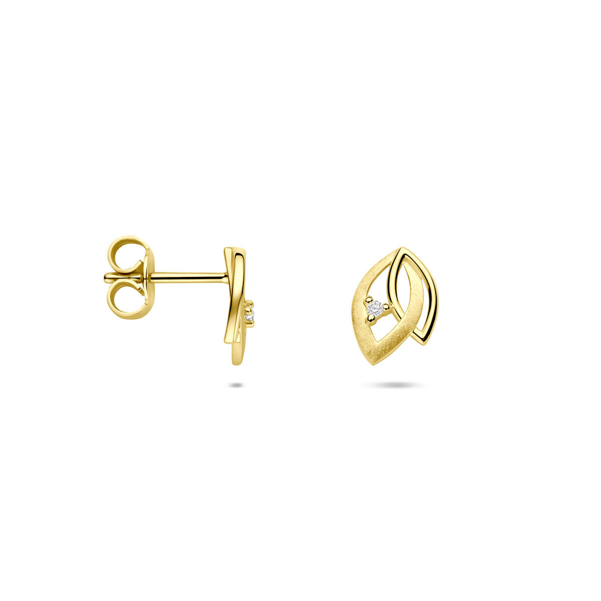 14K geelgouden oorknoppen poli/mat diamant 0.02ct 2x 0.01ct h si 9,5 mm - 4034620