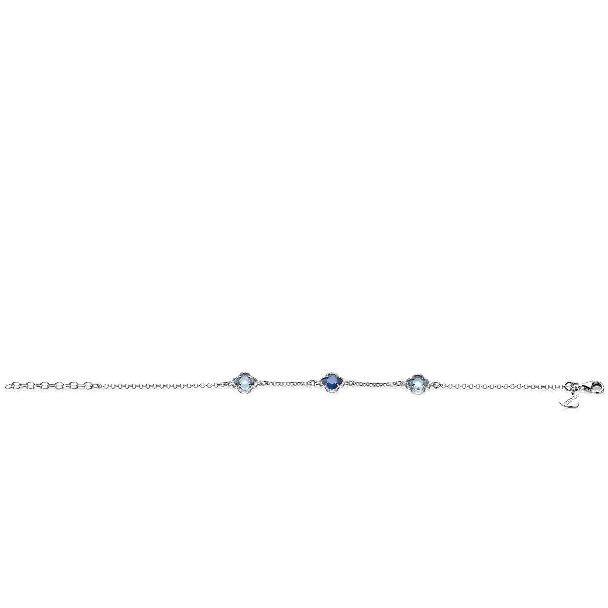 ZINZI zilveren schakel armband met twee lichtblauwe klavers en een donkerblauwe klaver in het midden 17-20cm ZIA2663B - PansiteNederland.nl