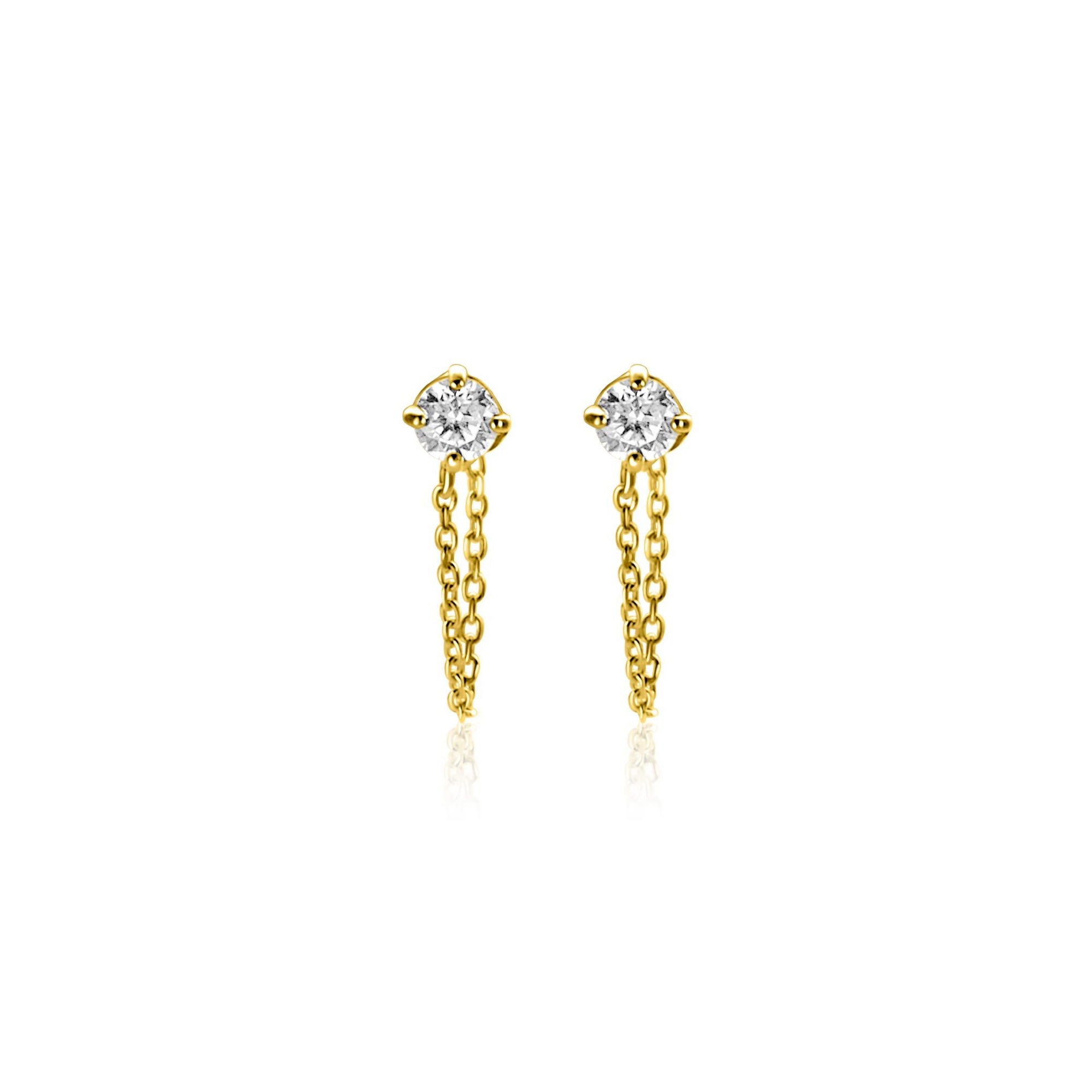 ZINZI Gold 14 krt gouden oorstekers met ketting en ronde witte zirkonia 12mm ZGO552 - PansiteNederland.nl